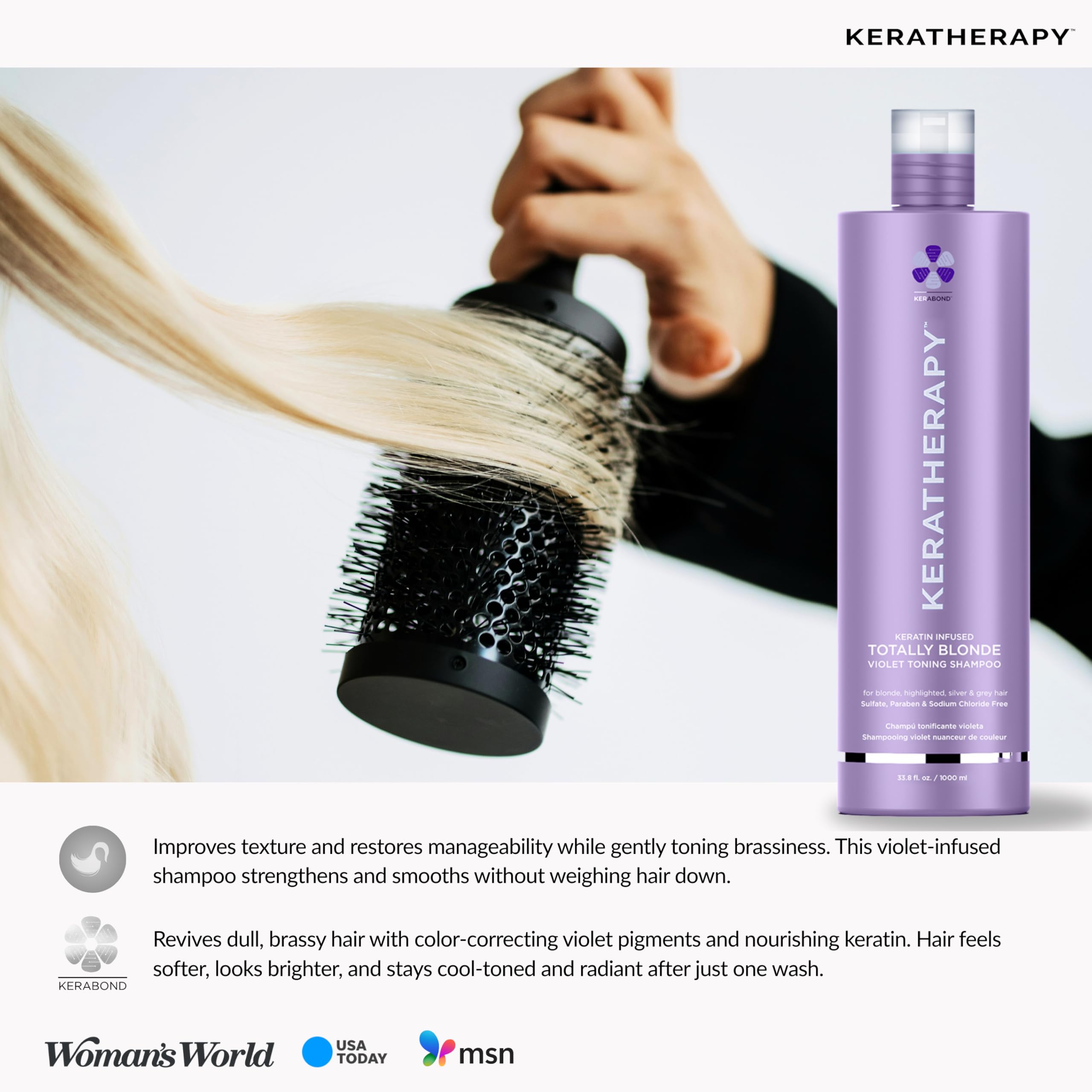 KERATHERAPY Keratin Infused Totally Blonde Violet Toning Shampoo, 33.8 fl. oz., 1000 ml - Violet Shampoo for Blonde Color Treated Hair, Brassy, Silver, & Highlighted - Sulfate & Paraben Free