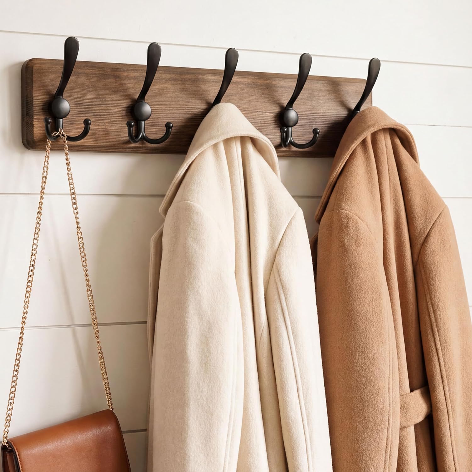WEBI Rustic Coat Rack Wall Mount,Solid Wood Coat Hooks Wall Mounted Coat Hanger,16" Hole to Hole,Hook Rack Rail,5 Triple Hooks for Hanging Coats,Jacket,Clothes,Farmhouse,Brown image 2
