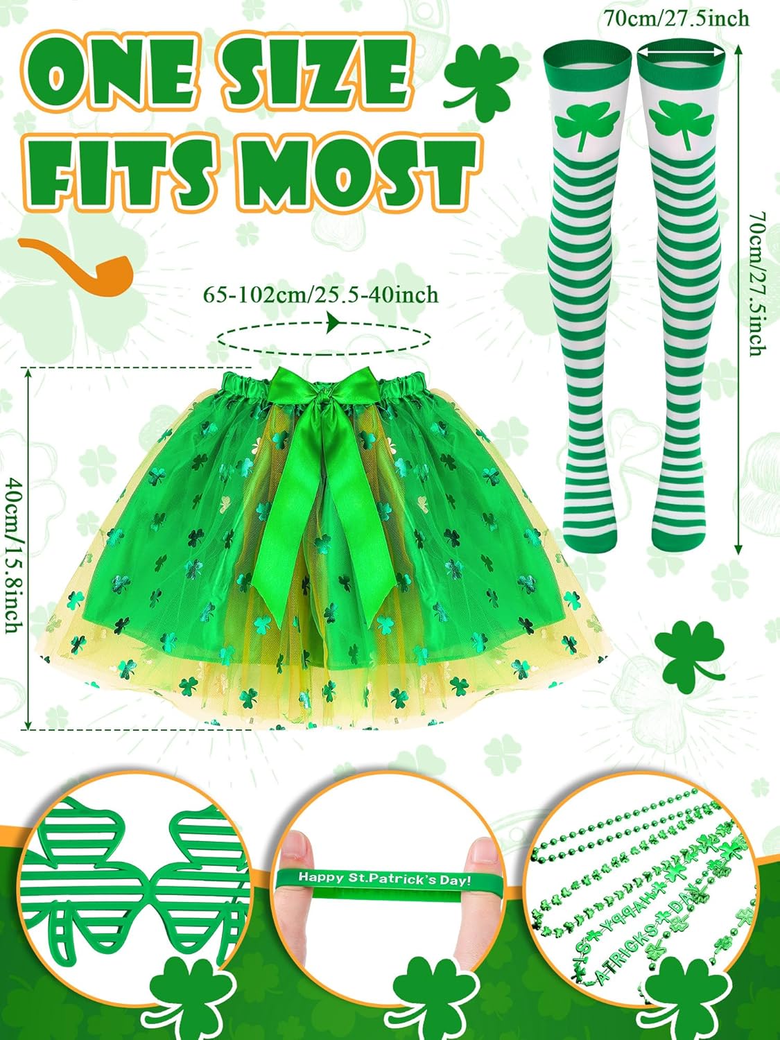 Funtery 14 Pcs St Patricks Day Outfits for Women St Patrick's Day Tutu Skirt Leg Warmers Leprechaun Hat Shamrock Woman Accessories - Image 3