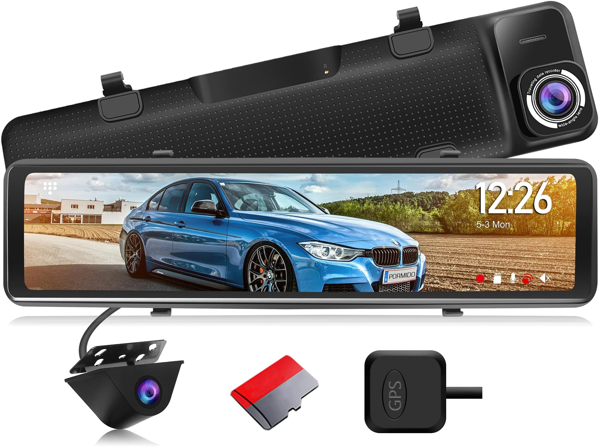 PORMIDO 2.5K Mirror Dash Cam Backup Camera 12" Large Full Touch Screen Front and Rear View Camera HD Waterproof Back up Car Camera 170° Wide Angle,GPS,Starlight Night Vision,Parking Monitor,SD Card