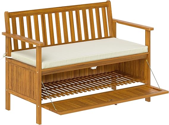 Outsunny Outdoor Bench with Storage Box, 28 Gallon Outdoor Storage Bench, Acacia Wood Garden Seat with Cushion, 2 Seater Patio Furniture for Park, Balcony, Teak