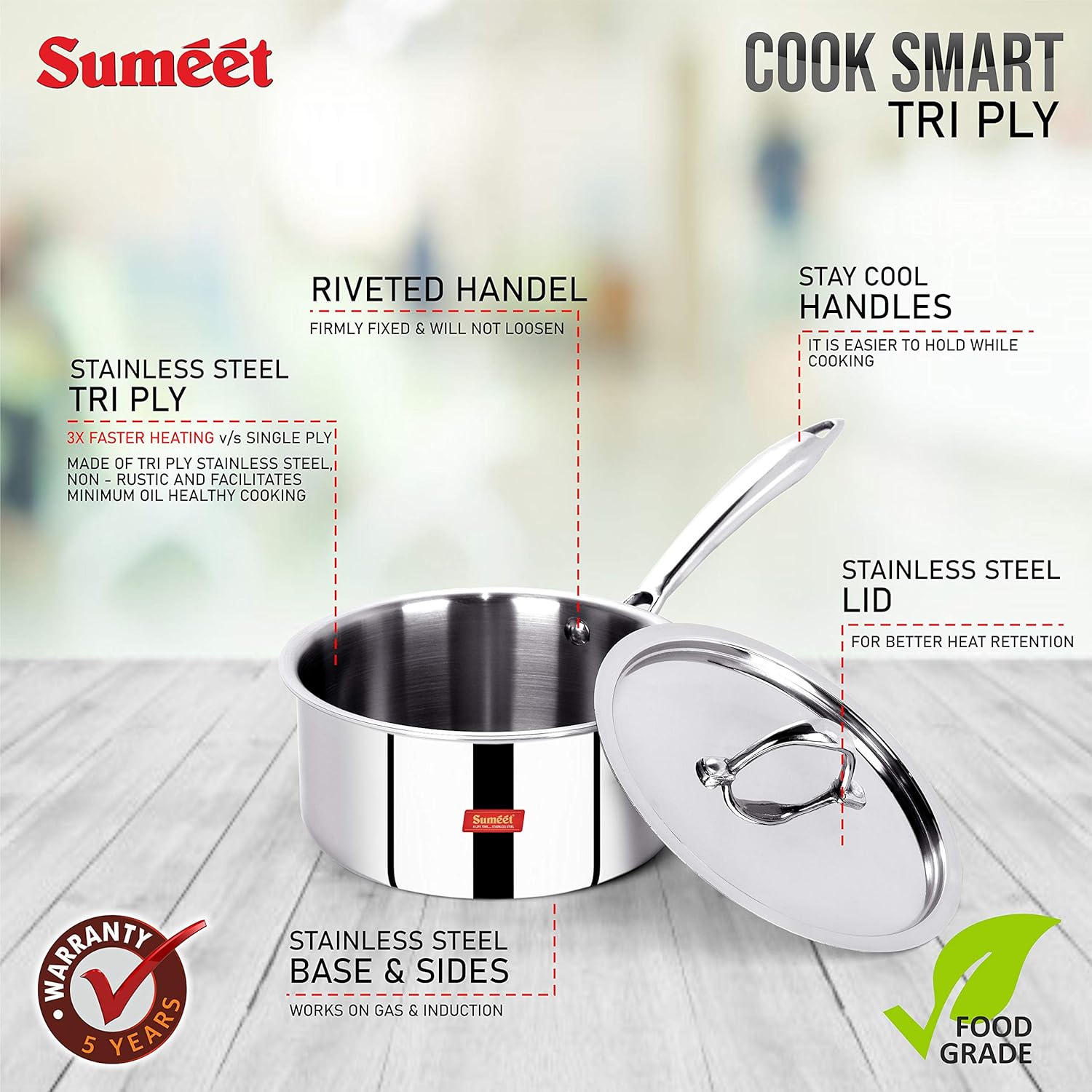 Sumeet Cook Smart TriPly SAS (Steel-Aluminium-Steel - 3 Layers) Sauce Pan with Lid - 2.3 LTR - 18Cm