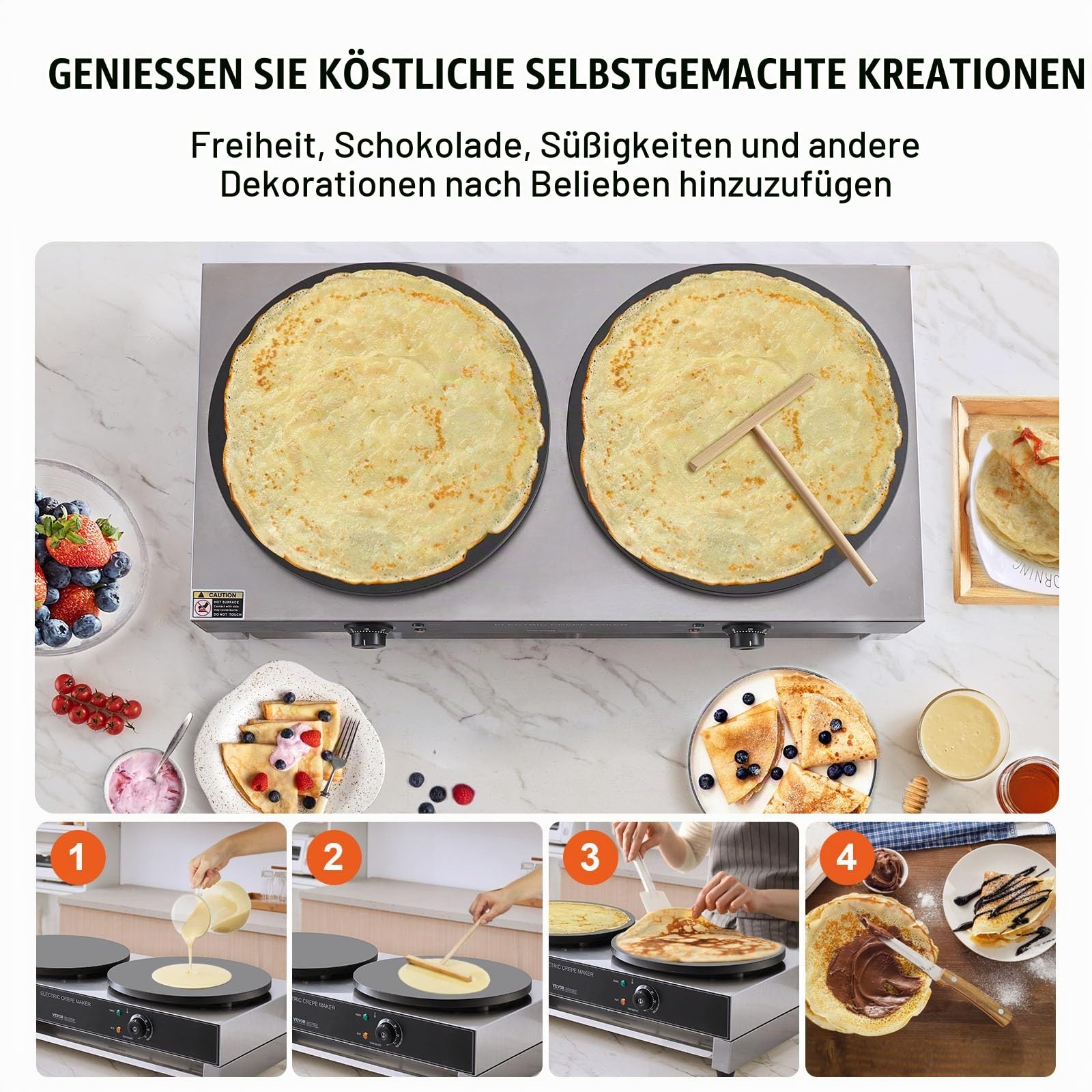 VEVOR elektrischer Crepemaker Crepe-Maschine mit Doppelkopf 6000 W flache Crepe-Grillplatte, Pfannkuchenherd aus Edelstahl, Cerealien-Pfannkuchenherd, Temperaturregelung (kein Stecker)