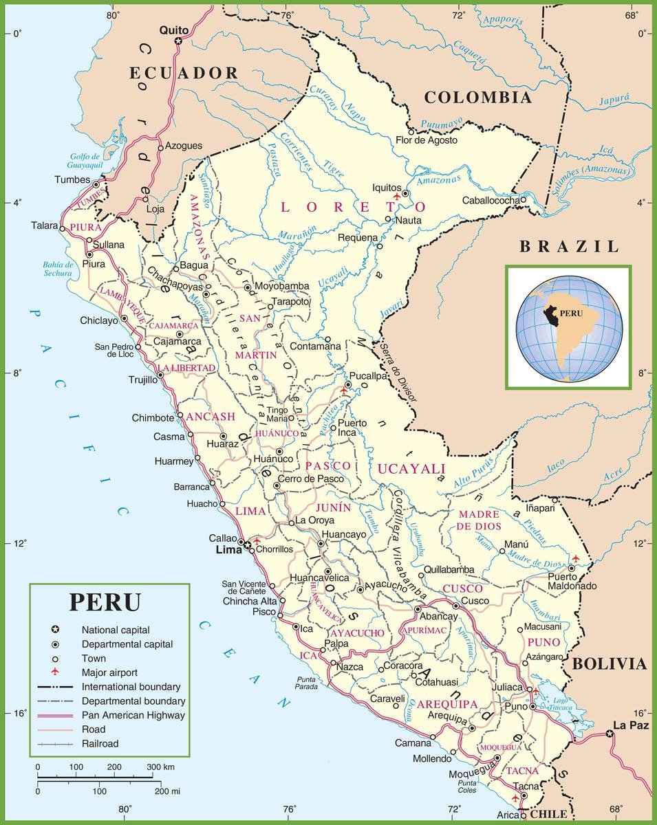 Gifts Delight Laminated 24x30 Poster: Peru high politicalphysical map