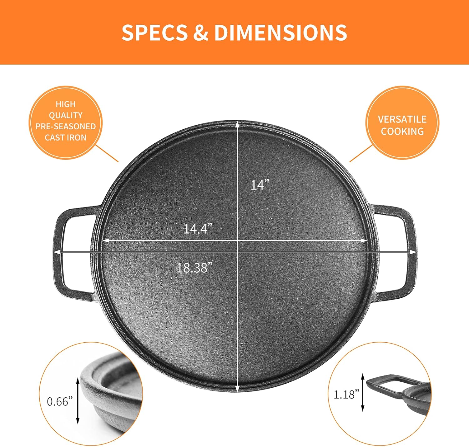 Buy Utheer 14 inch Cast Iron Pizza Pan, Griddle with Loop Handles, Pre