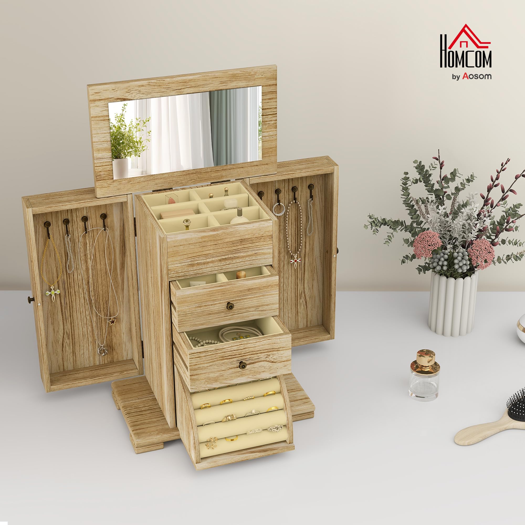 HOMCOM Schmuckkästchen Holz Schmuckschatulle mit 4 Ebenen Spiegel Braun