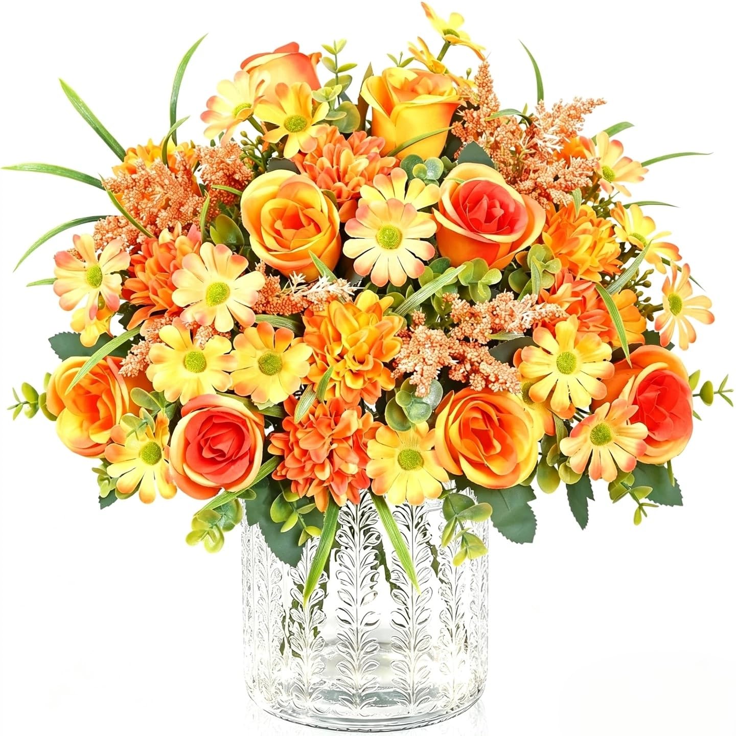 2 Bunches Autumn Artificial Flowers Roses Bouquet Fake Silk Daisy Dahlia