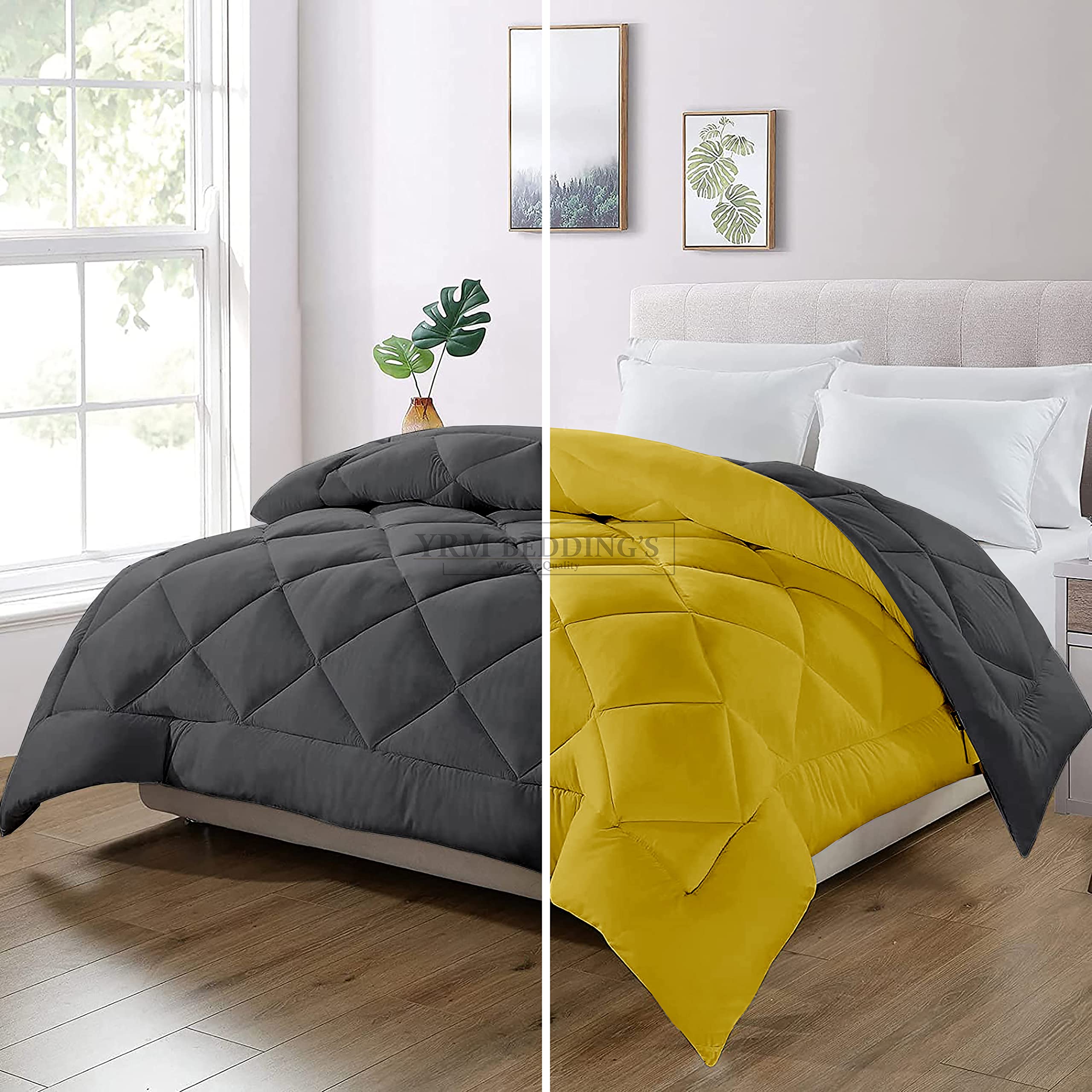 Luxurious Diamond Stitch Reversible 400 GSM Microfiber Fill Heavy Winter Comforter Single Bed Blanket (60" x 90" Inches/152cm x 228cm) - Single Bed Comforter|Gold Yellow/Dark Grey-image-5