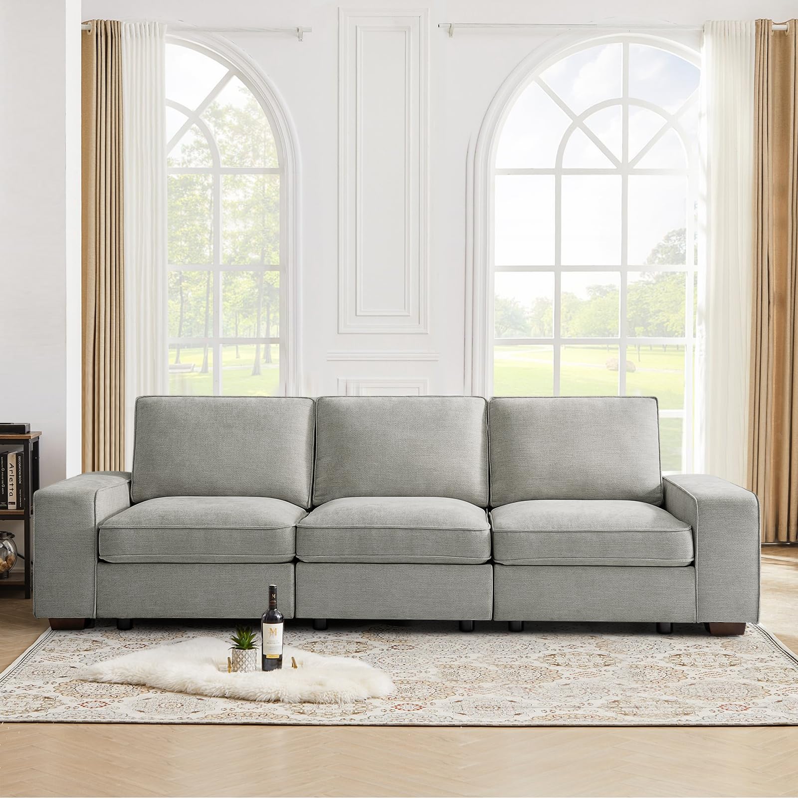 KIMOLST 100in Modular Couch for Living Room, Deep Seat Fabric Sofa with Storage, Removable Cover, 3-Seater, Grey