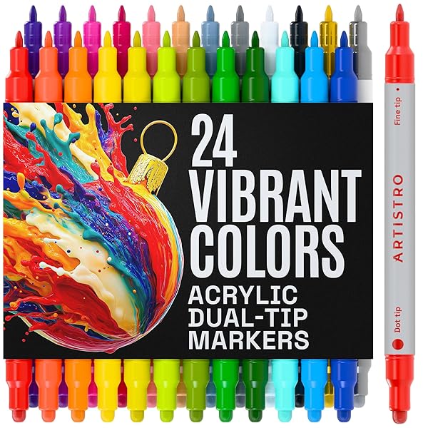 ARTISTRO 24 Acrylic Paint Markers for Rock, Fabric, Wood, Glass, Craft, Decoration - Dual-Tip Paint Pens - Stocking Stuffers, Christmas Gift Idea for Teens, Grandkids, Kids - Art Supplies