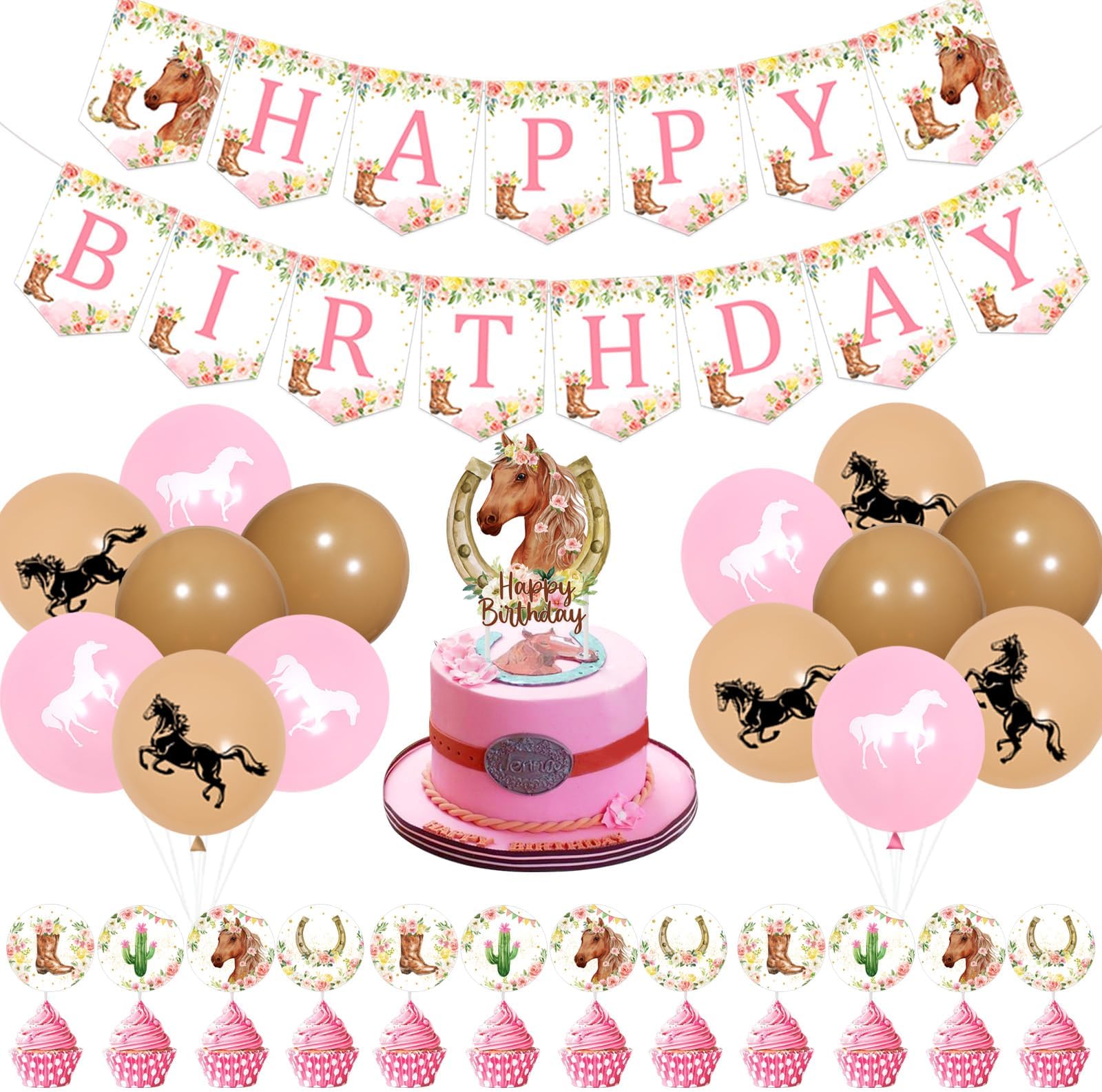 Horse Birthday Decorations for Girls - Pink Floral Horse Happy Birthday Banner & Cake Topper & Cupcake Toppers, Horse Balloons Set for Western Cowgirl Birthday Party Supplies