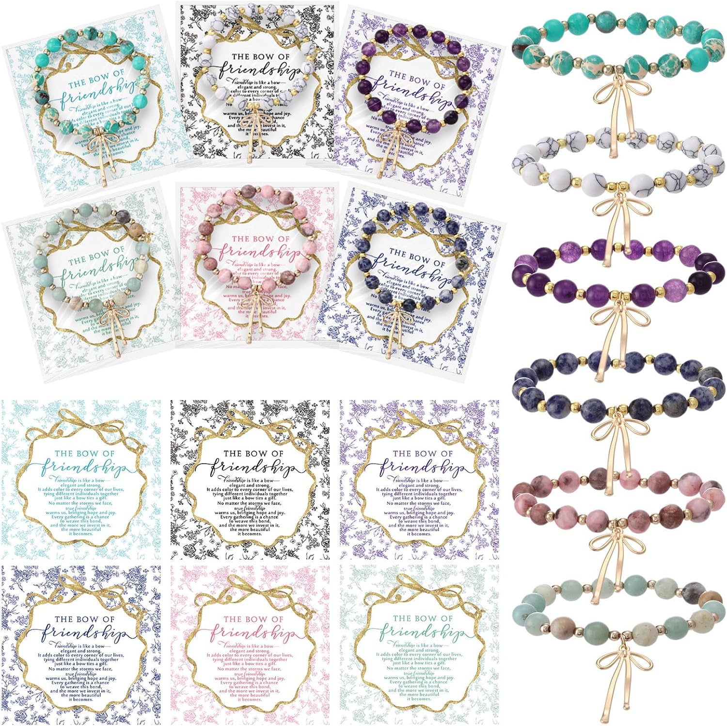 Huquary Friendship Bracelets Gifts for Friends Bulk Friendship Natural Stone Bracelet with Bow Charm Gift Cards Party Favors for Friend Bestie Women Men