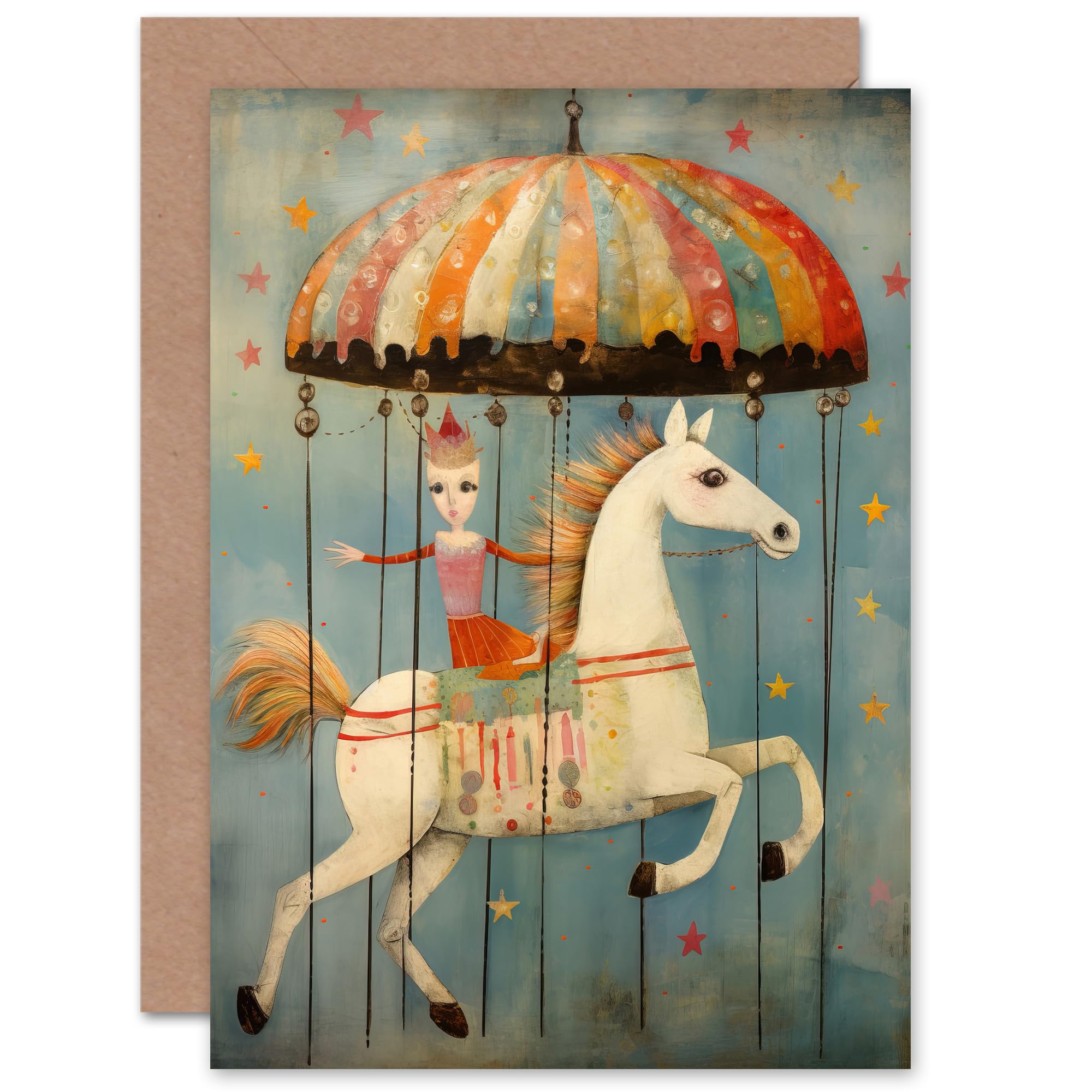 Artery8 - Folk Art Whimsical Carousel Fairground Birthday Card - Blue