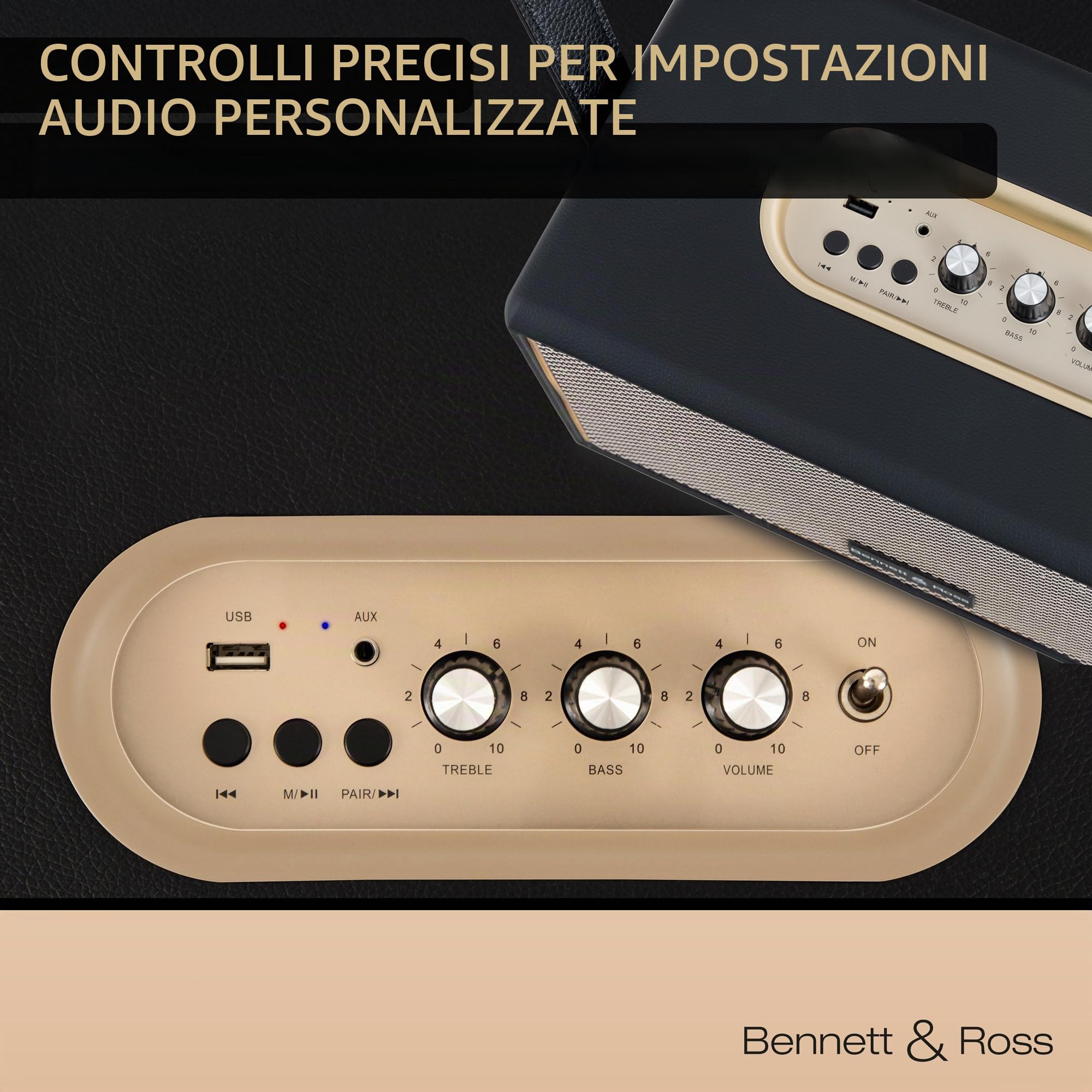 Bennett & Ross BB-860A BK Blackmore altoparlante bluetooth retrò in pelle con batteria da 6000 mAh - Altoparlante vintage da 60 W - Funzione Stereo True Wireless - Ingresso Aux - Cassa nero