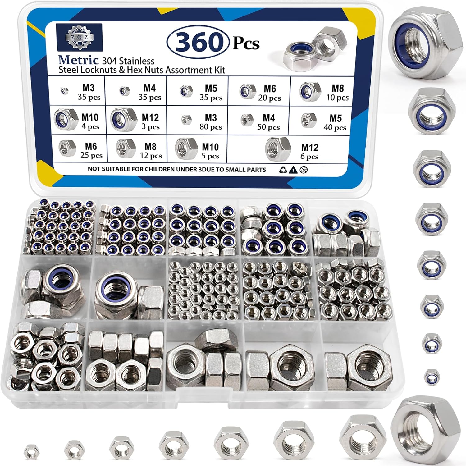ZQZ 360 Pack Metric Hex Nuts & Locknuts Assortment Kit，M3 M4 M5 M6 M8 M10 M12 304 Stainless Steel Assorted Nylon Insert Lock Nuts Sets，Standard Thread Nylock Nuts