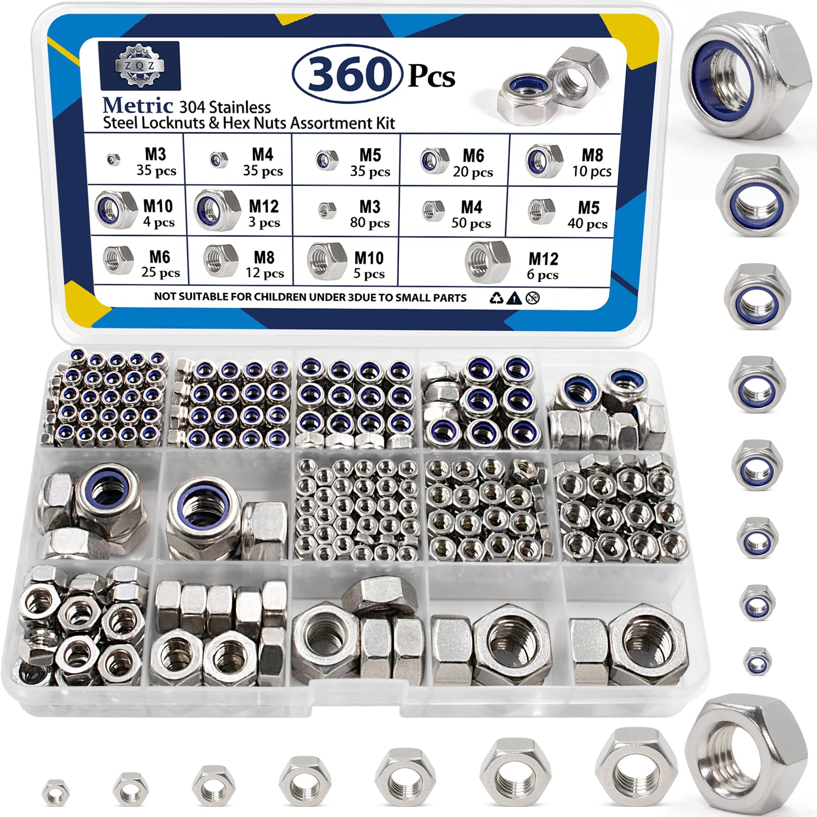ZQZ 510 Pcs SAE & Metric Hex Nut Assortment Kit;304 Stainless Steel Nut Set — Amazon image 13