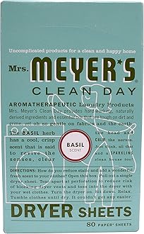 MRS. MEYER'S CLEAN DAY Dryer Sheets, Fabric Softener, Reduces Static, Infused with Essential Oils, Basil, 80 Count