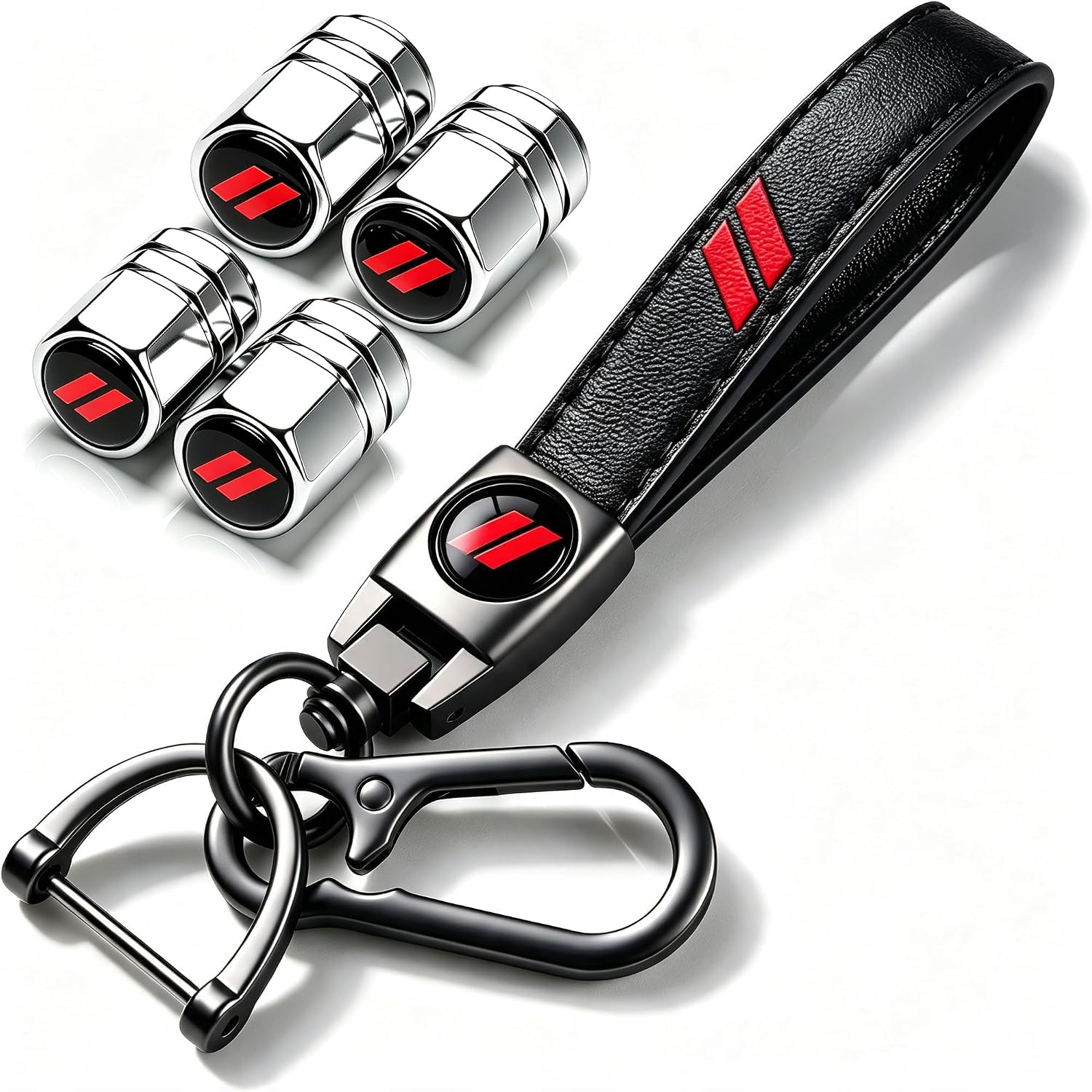 2 in 1 Car Accessories Set, Genuine Leather Keychain & 4Pcs Anti-Corrosion Dustproof Tire Valve Stem Caps, Compatible with Dodge Charger, Challenger, Durango, RAM 1500, Men Women Silvery