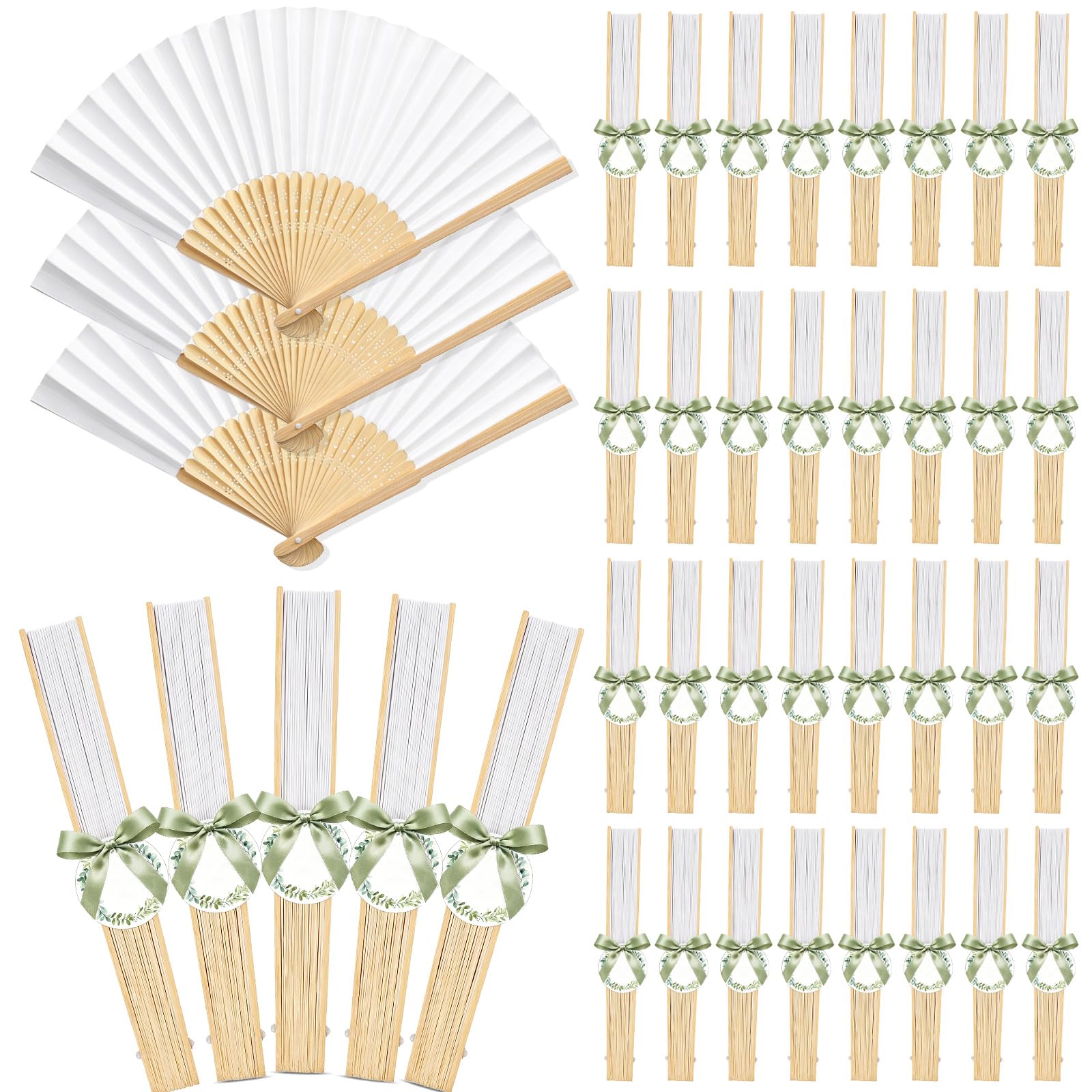 BBTO 50 Pcs Eventail Mariage Poche Pliante Pliant en Bois Papier Ventilateur Mit Étiquettes et Rubans pour Cadeaux Mariage, DIY, Demoiselles, Fête, Danse et Décoration