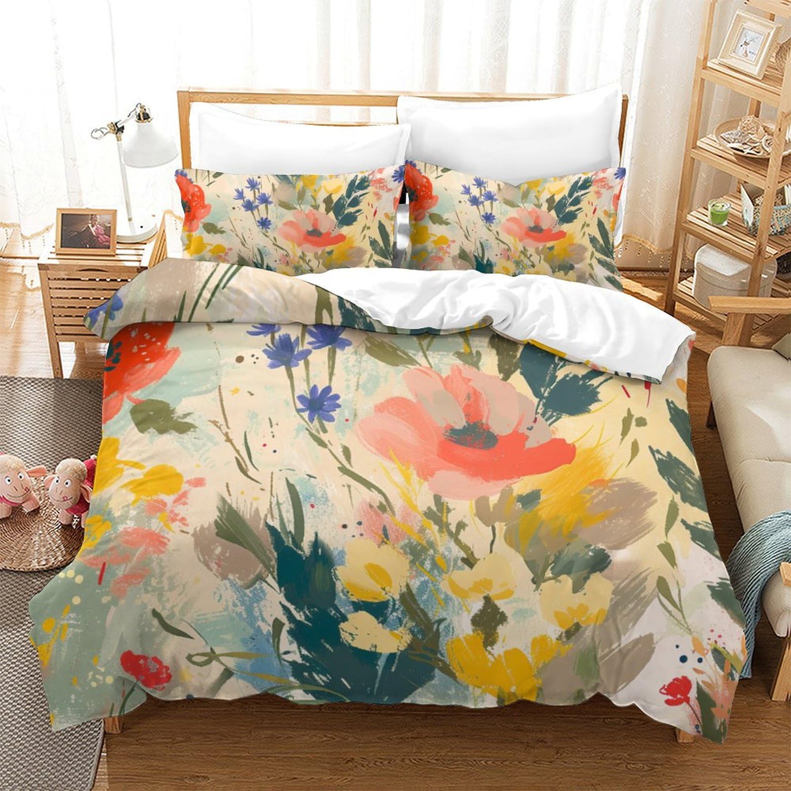 Housse de couette 3D fleurs aquarelle parure grand luxe en microfibre Super King