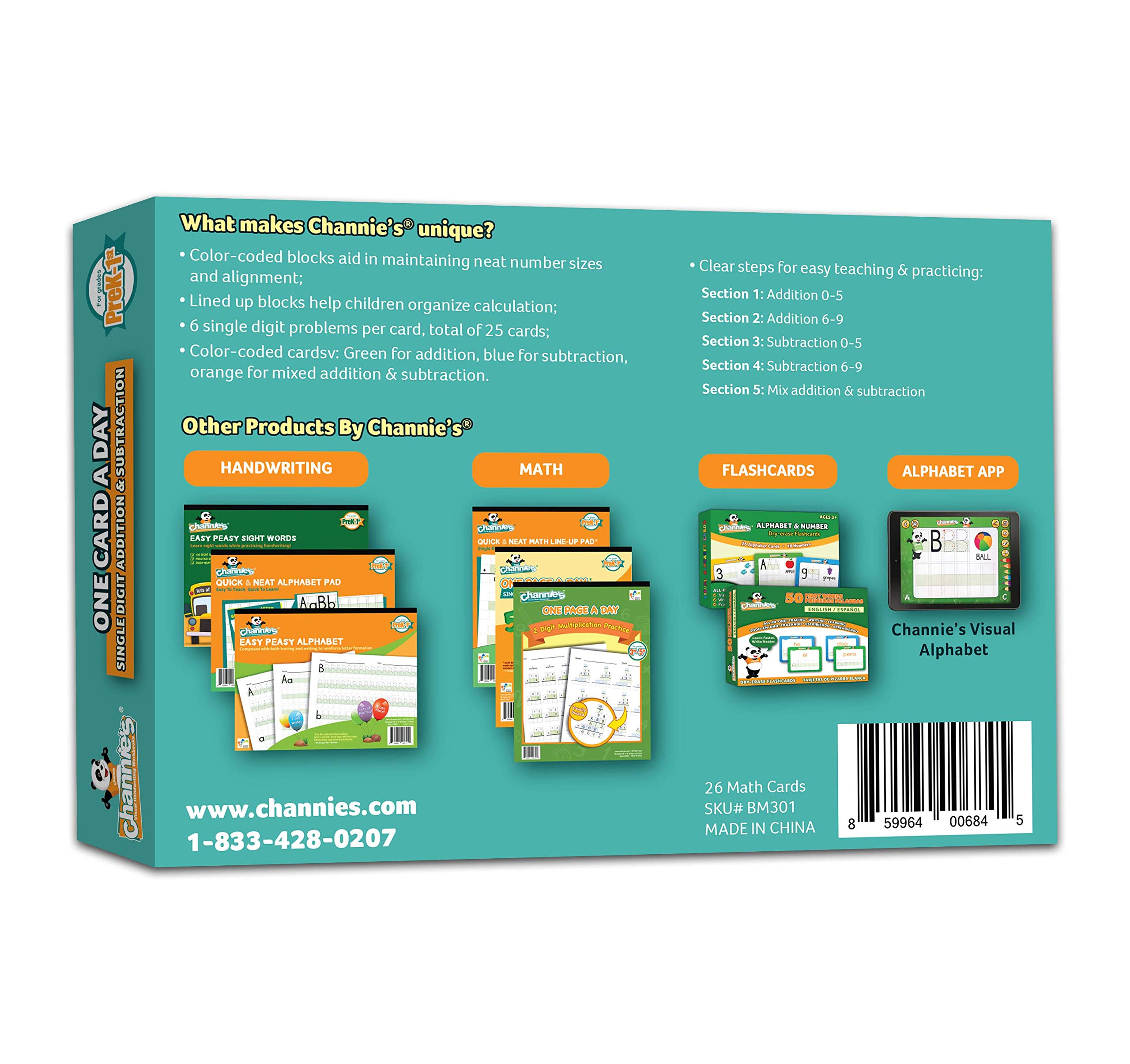 Channie’s One Card a Day Single Digit Addition and Subtraction Flash Cards, 34 Dry Erase Pre K - 1st Grade Math Flashcards for Kids, 312 Problems, Fun & Easy to Follow