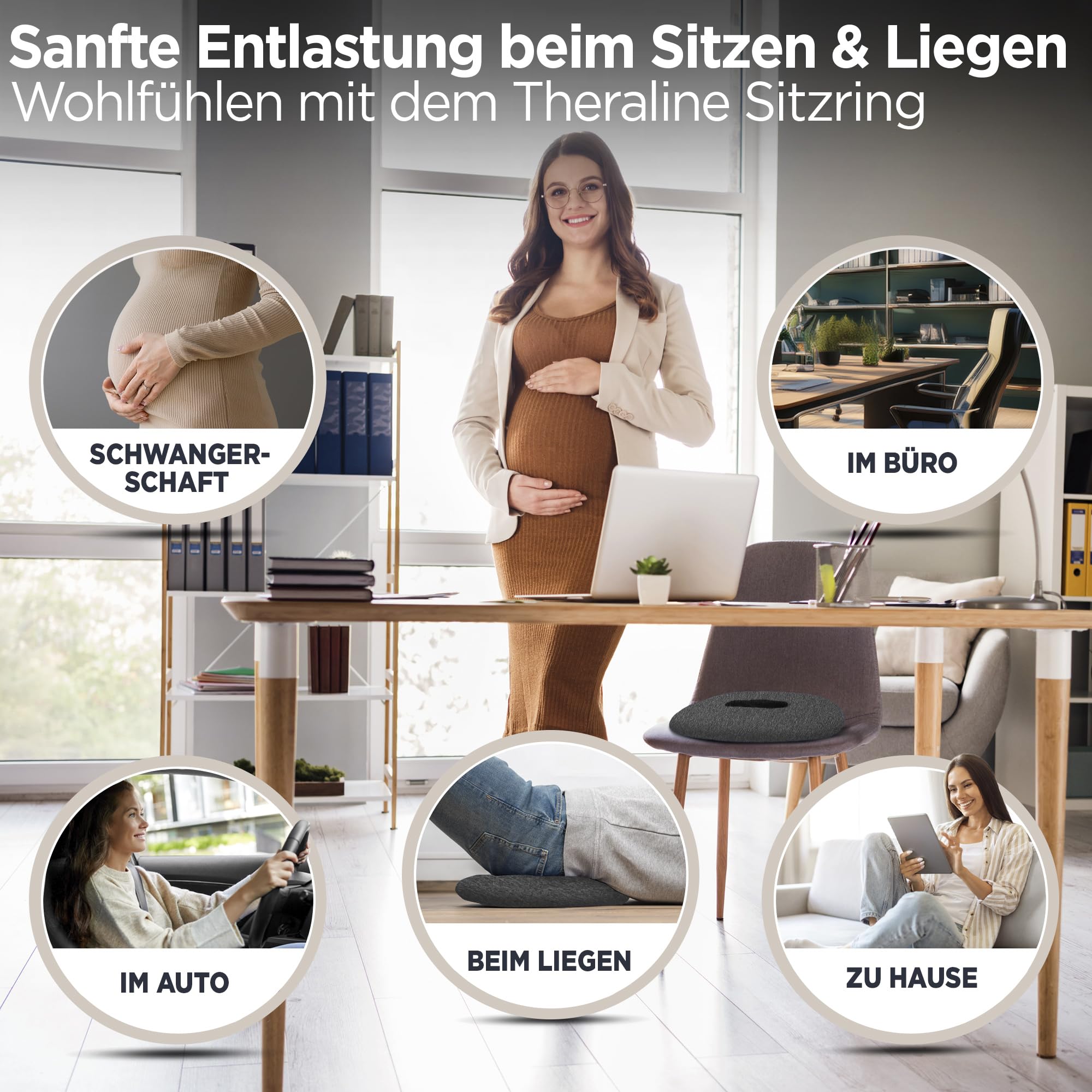 Theraline Ergonomischer Sitzring zur Steißbein Entlastung, Sitzring nach OP, Geburt oder als Hämorrhoiden Sitzkissen, orthopädisches Donut Kissen (Anthrazit Melange) | Entlastendes Ringkissen zum Sitzen & Liegen - OekoTex geprüftes Donut Kissen mit Loch &