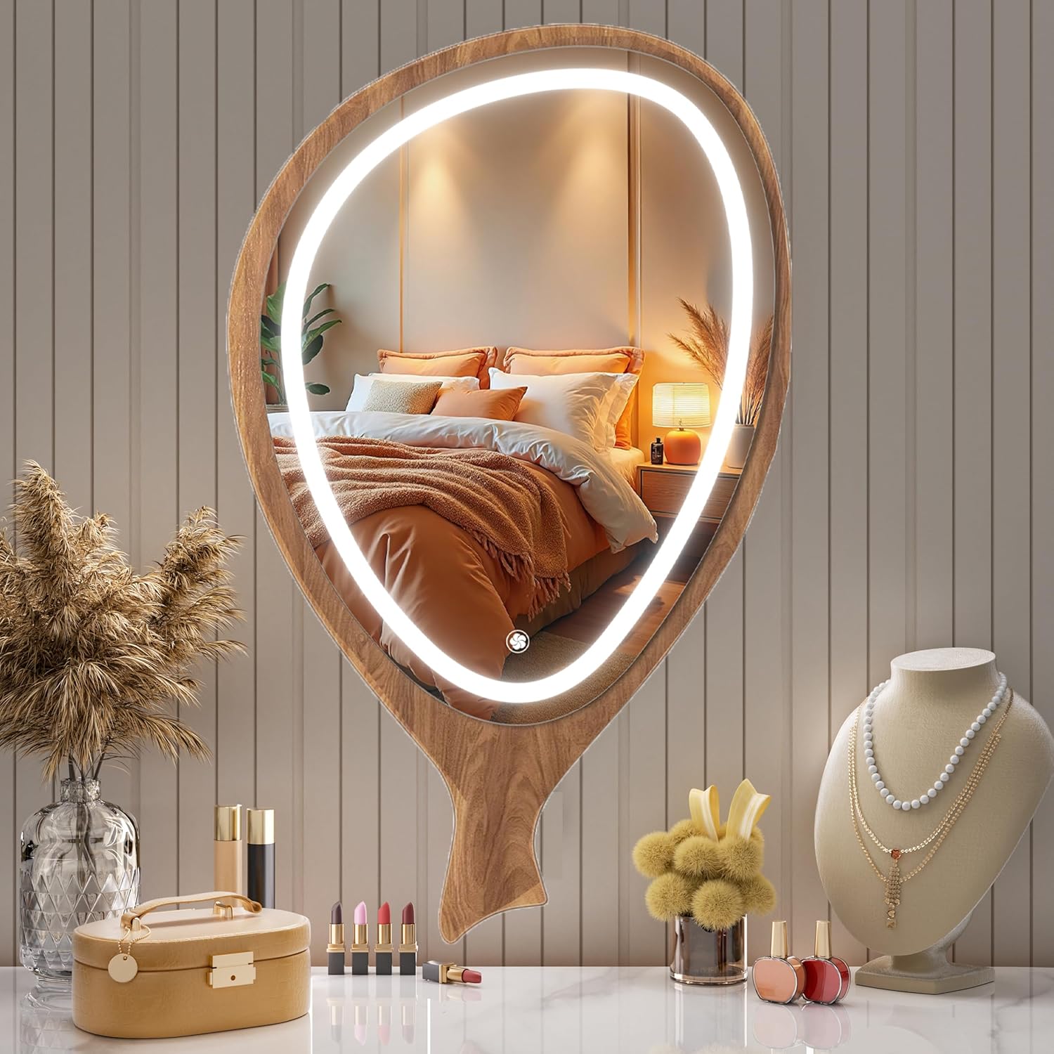 LED Wall Mirror Irregular Asymmetrical Wall Mirror for Living Room Bathroom Entryway, Modern Decorative Mirror Hanging (Hook Style, 30'' x 18''Walnut Walnut With Led 30"L x 18"W