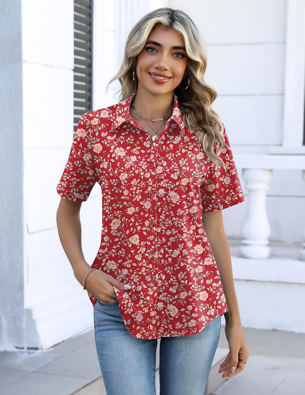 Zeagoo Button Down Shirts for Women Short Sleeve Collared Tops Dressy Casual V Neck Blouses - Image 5