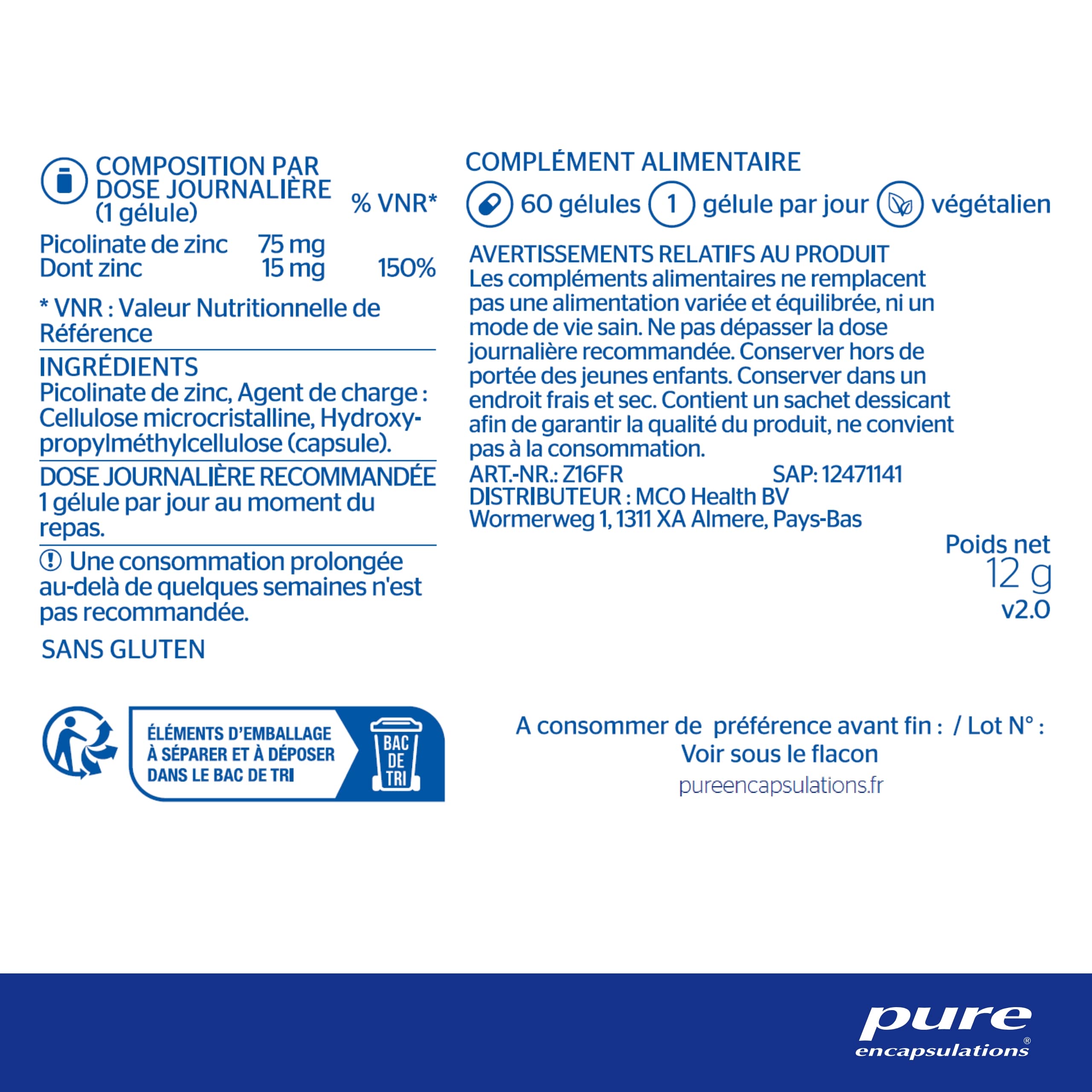 Pure Encapsulations - Zinc 15 - Picolinate de Zinc 15mg - Formule Hautement Absorbable - Soutien au Fonctionnement Normal du Système Immunitaire - 60 Gélules Véganes