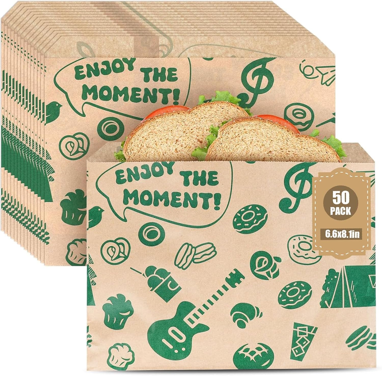 VGOODALL 50PCS Paper Sandwich Bags, 8.1 x 6.6 Inch Small Snack Bags Grease-Resistant Wax Paper for Food Storage Picnic