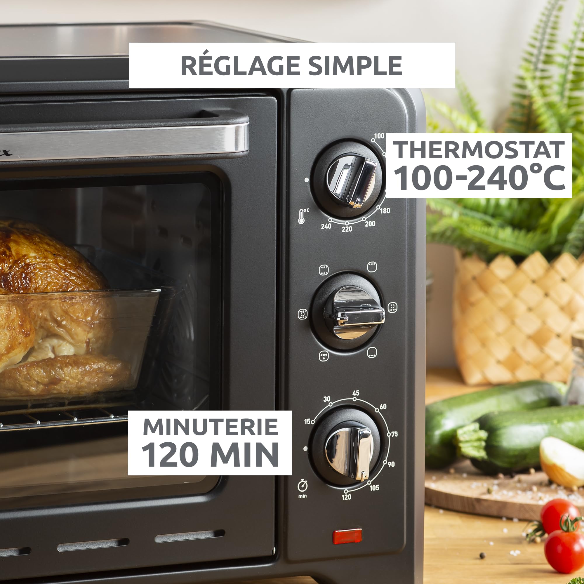 Moulinex Four posable 33 L, Chaleur tournante, Convection de pointe, 6 modes de cuisson, Thermostat réglable jusqu’à 240 °C, Timer 120 min, Grille réversible, Maniques silicone, Optimo Noir OX464811