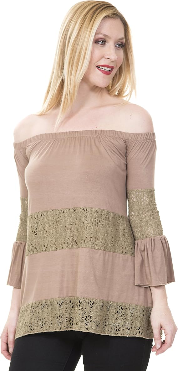 Women's Off Shoulder Top Lace Trim Bell Sleeve, Taupe at Amazon Womenâs Clothing store