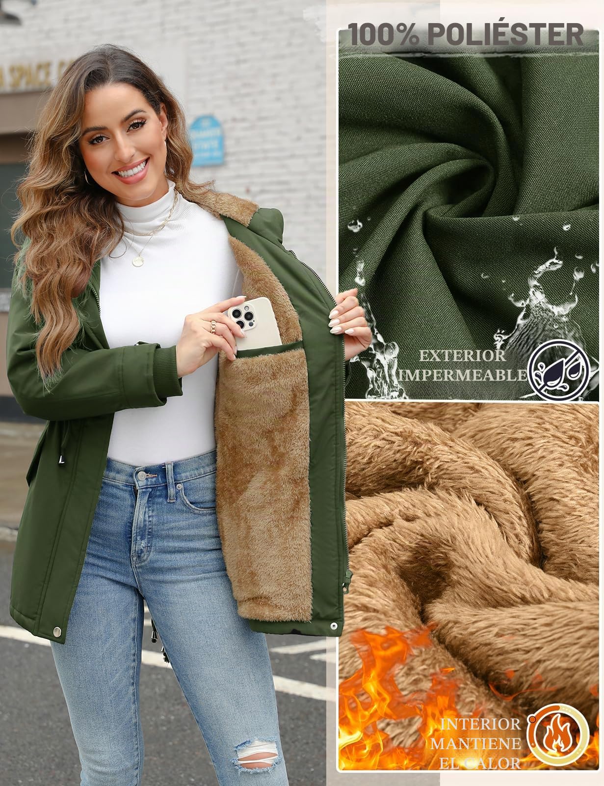 Nadeer Abrigos Mujer Invierno Parka Forro Polar Impermeable Cremallera Chaqueta Cálido Sudadera con Capucha y Bolsillos