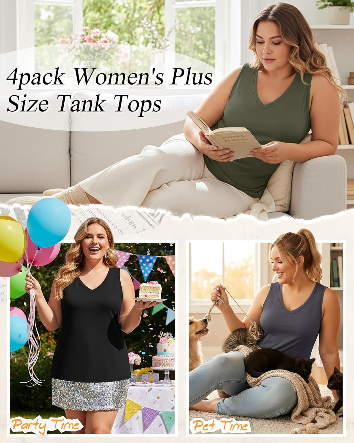 Ficerd 4 Pack Women's Plus Size Tank Tops, Casual V Neck Sleeveless Shirts Ladies Flowy Dressy Tunics Work Tees - Image 4