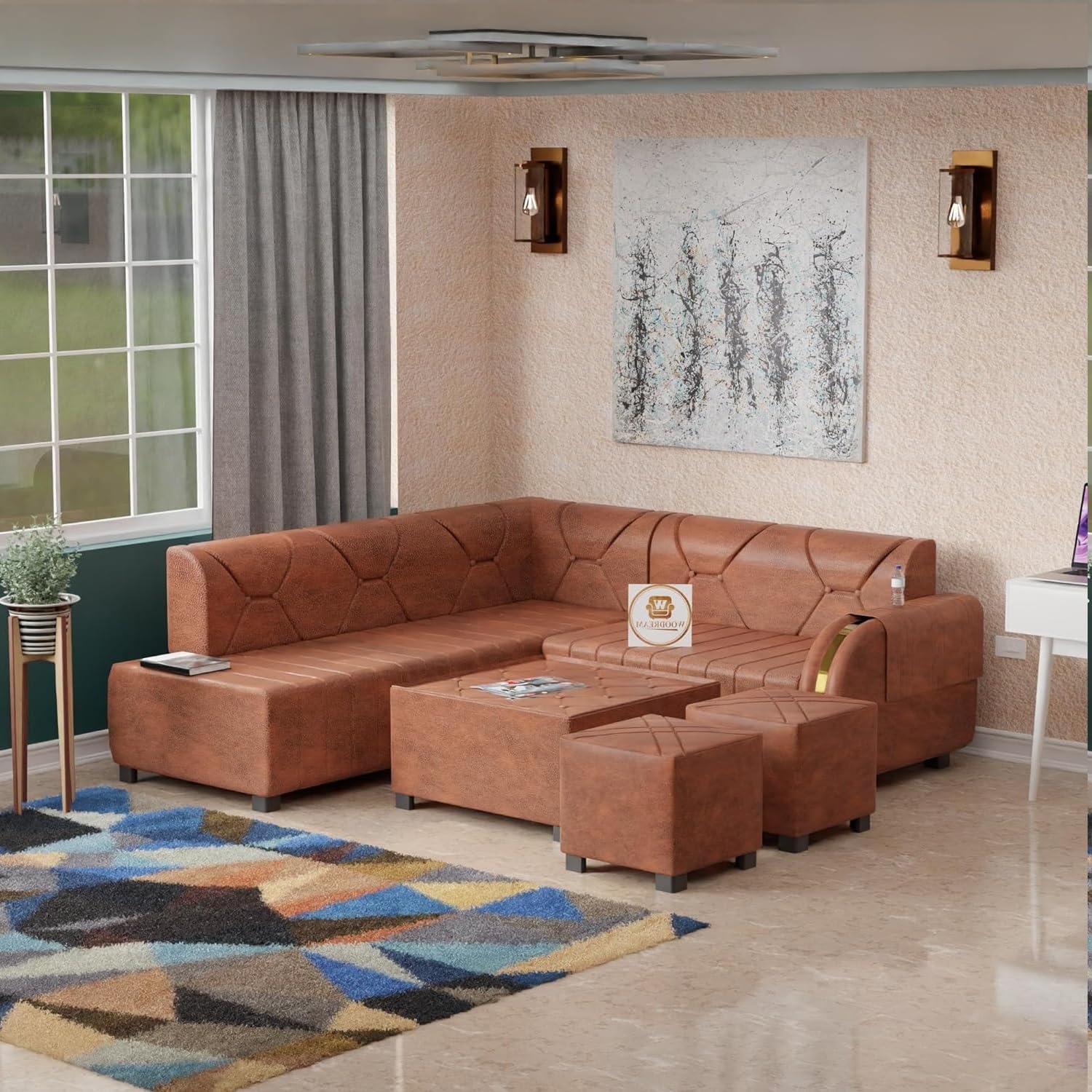 WOODREAM Left Facing Upholstered L Shape 7 Seater Sofa Set | Sectional Leatherette Fabric Sofa Set with Centre Table and 2 Puffy Ottomans for Living Room & Drawing Room | Brown (B0D6GQN4BY) Amazon Price History, Amazon Price Tracker