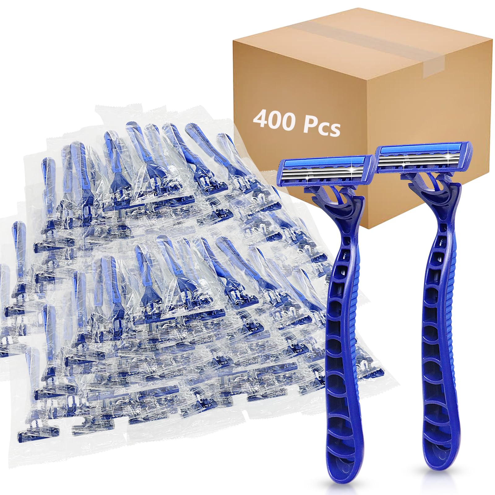 (400 Count) Kheoxusa 3 Blade Disposable Razors,Three Blade Disposable Razors,Triple Blade Disposable Razors,Disposable Razors Individually Wrapped,Disposable Razors for Airbnb,Travel,Tattoo-Dark Blue