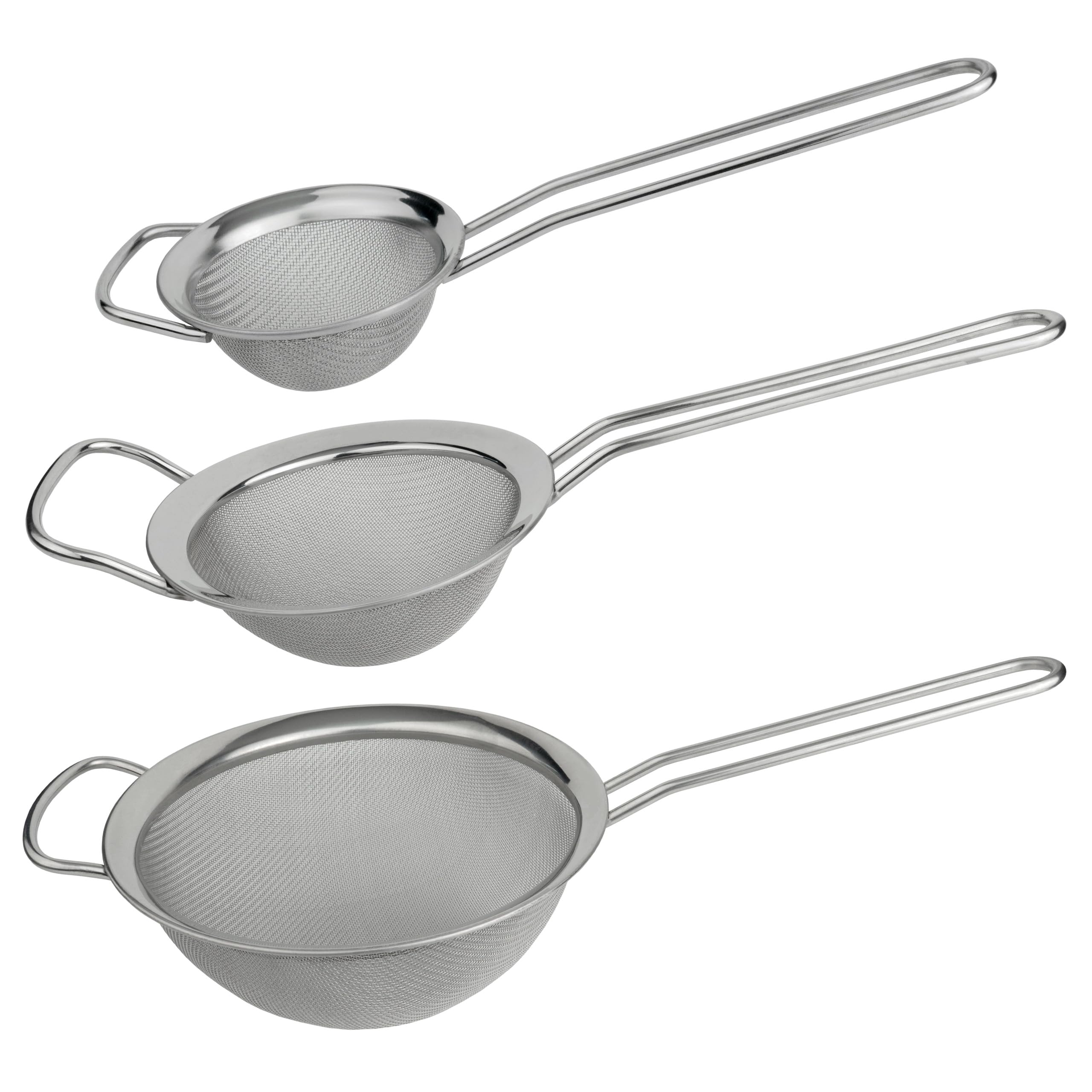 Grunwerg Set of 3 Fine Mesh Sieves with Polished Rim and Handles, 8cm, 12cm and 18cm Diameters