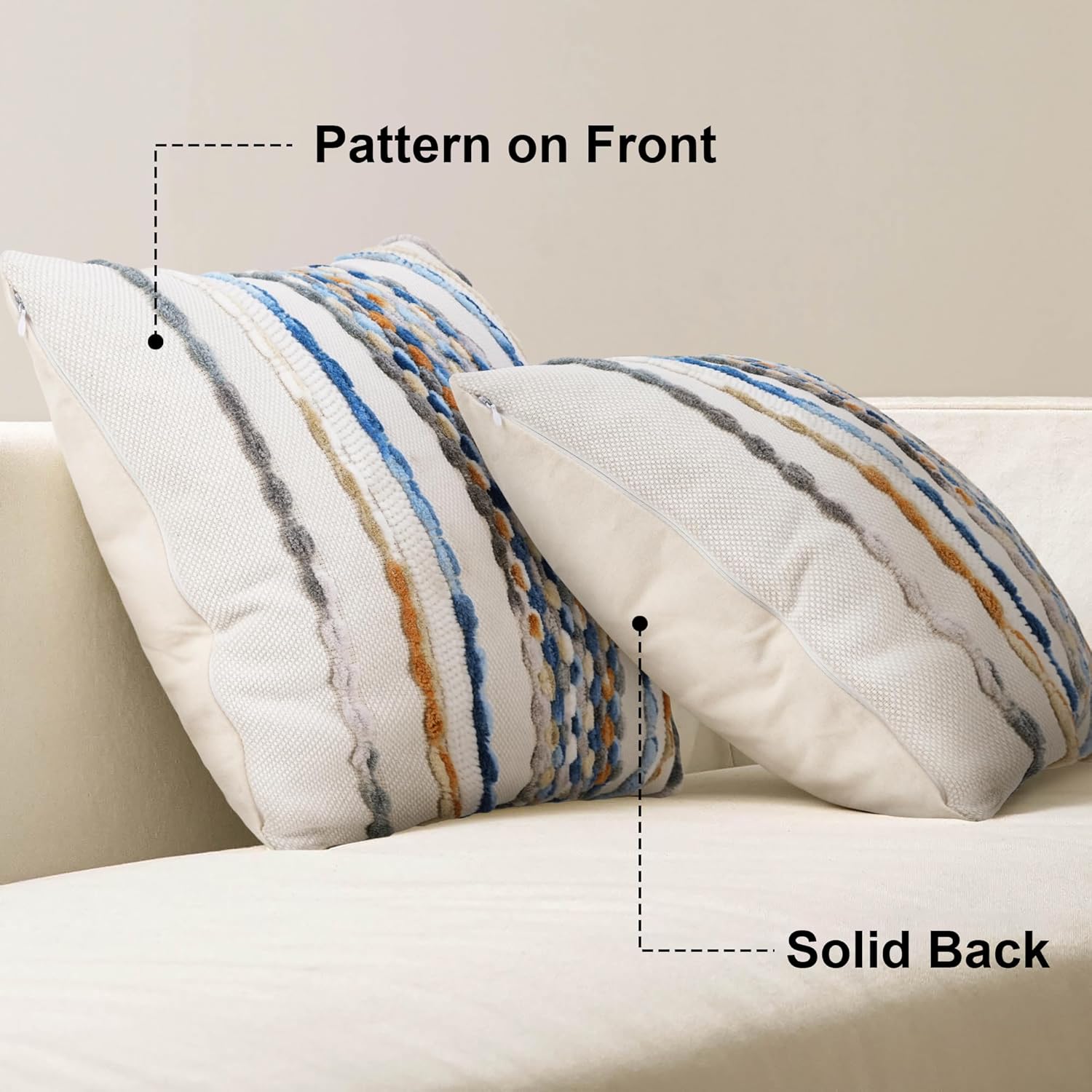 Boho Neutral Throw Pillow Covers Set of 2, 18x18 Inch Farmhouse Striped Cotton Chenille Decorative Pillow Covers for Couch, Sofa, Living Room (Blue)
