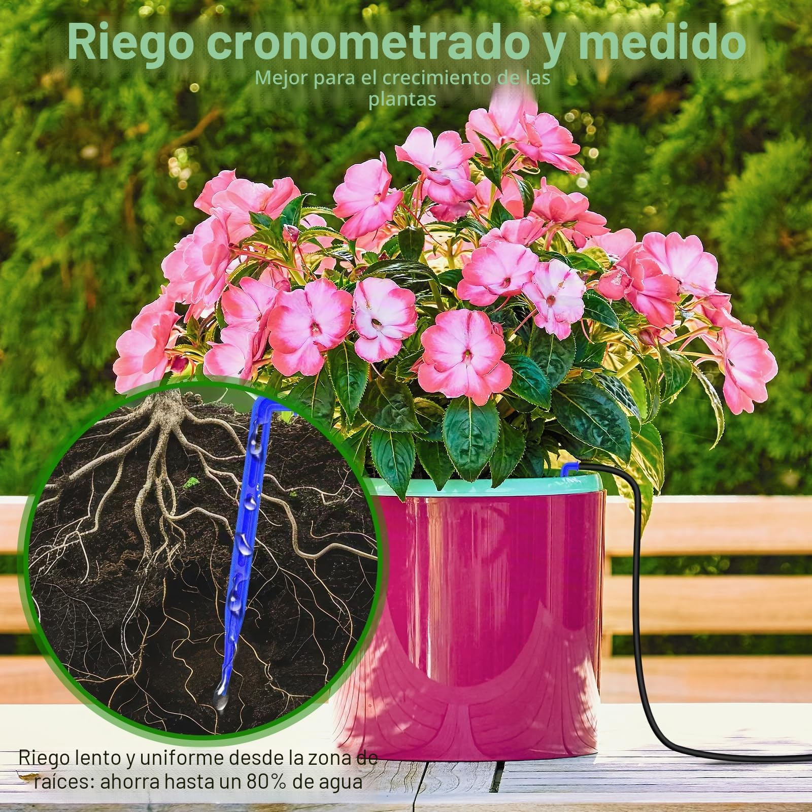 Onherm Riego Automático Solar, Riego por Goteo Solar con 12 Modos de Temporizador y Tubo de 15M, Sistemas de Riego Solar para Jardín, Balcón y Plantas de Exterior en Maceta