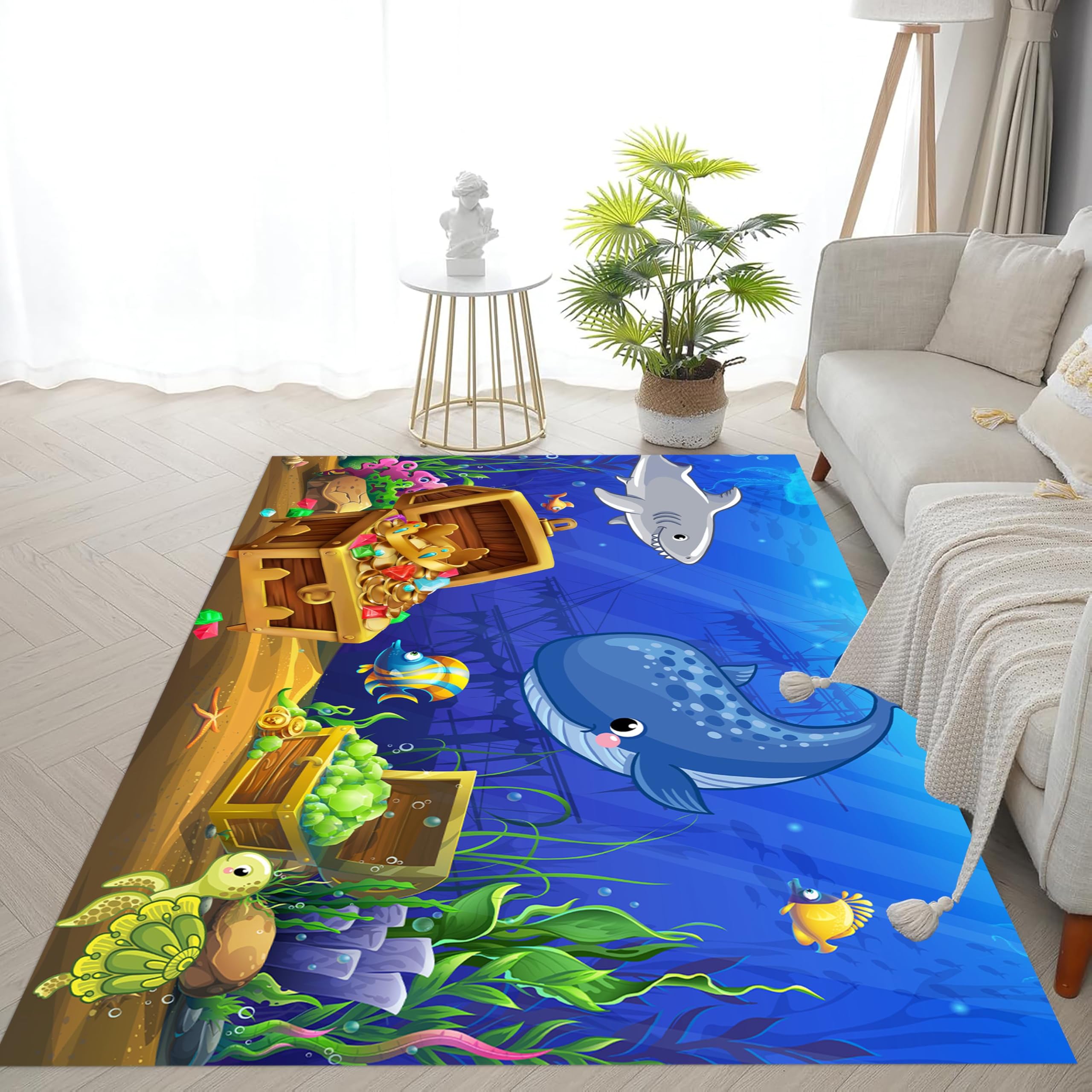 LHOMKCV Vibrant Seabed Kids Rug, 80x150cm, Fun Blue Whale Turtle Fish Treasure Play Mat, Non Slip Backing Soft Sturdy Educational Rug for Front Door Lounge