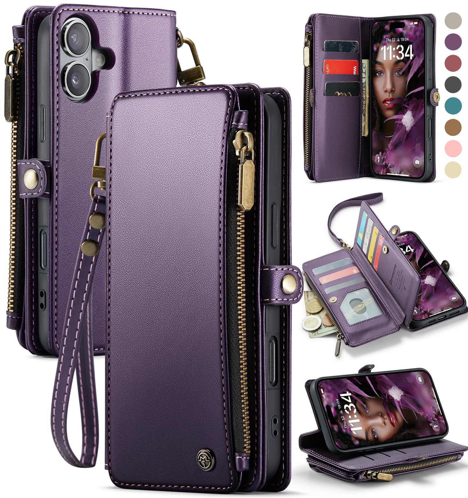 Photo 1 of Defencase Compatible with iPhone 16 Plus Case Wallet with RFID Blocking Card Holder for Women Men, Soft PU Leather Magnetic Snap Flip Zipper Strap Wallet Phone Case Fit for iPhone 16 Plus 6.7", Purple