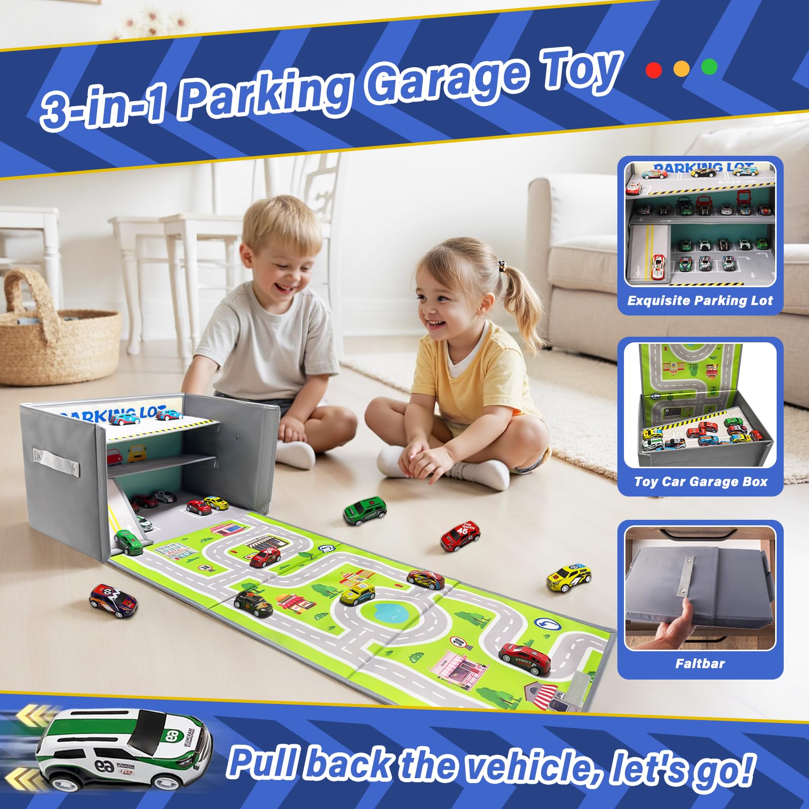 Scatola Portaoggetti per Auto Giocattolo: Garage per Auto Giocattolo per Bambini - Garage per Pieghevole 3 in 1 per Bambini - Organizzatore per e Tappeto da Gioco (Gray)