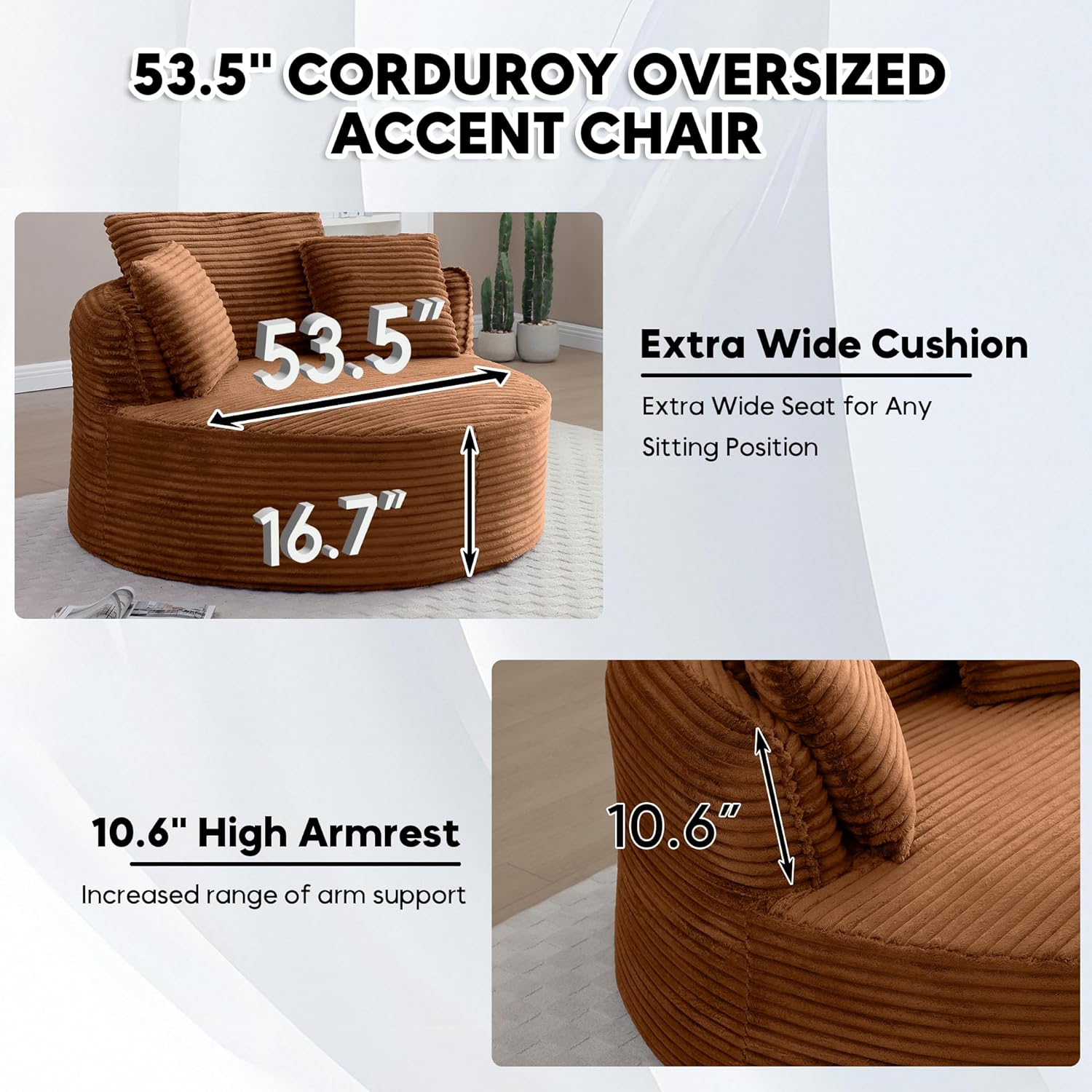 Oversized Round Chair Lounge Chaise Indoor, 53.5" Upholstered Corduroy Deep Seat Single Cloud Sofa Chair, Fluffy Modern Large Circle Boneless Sleeper Sofa for Living Room, Bedroom, Orange