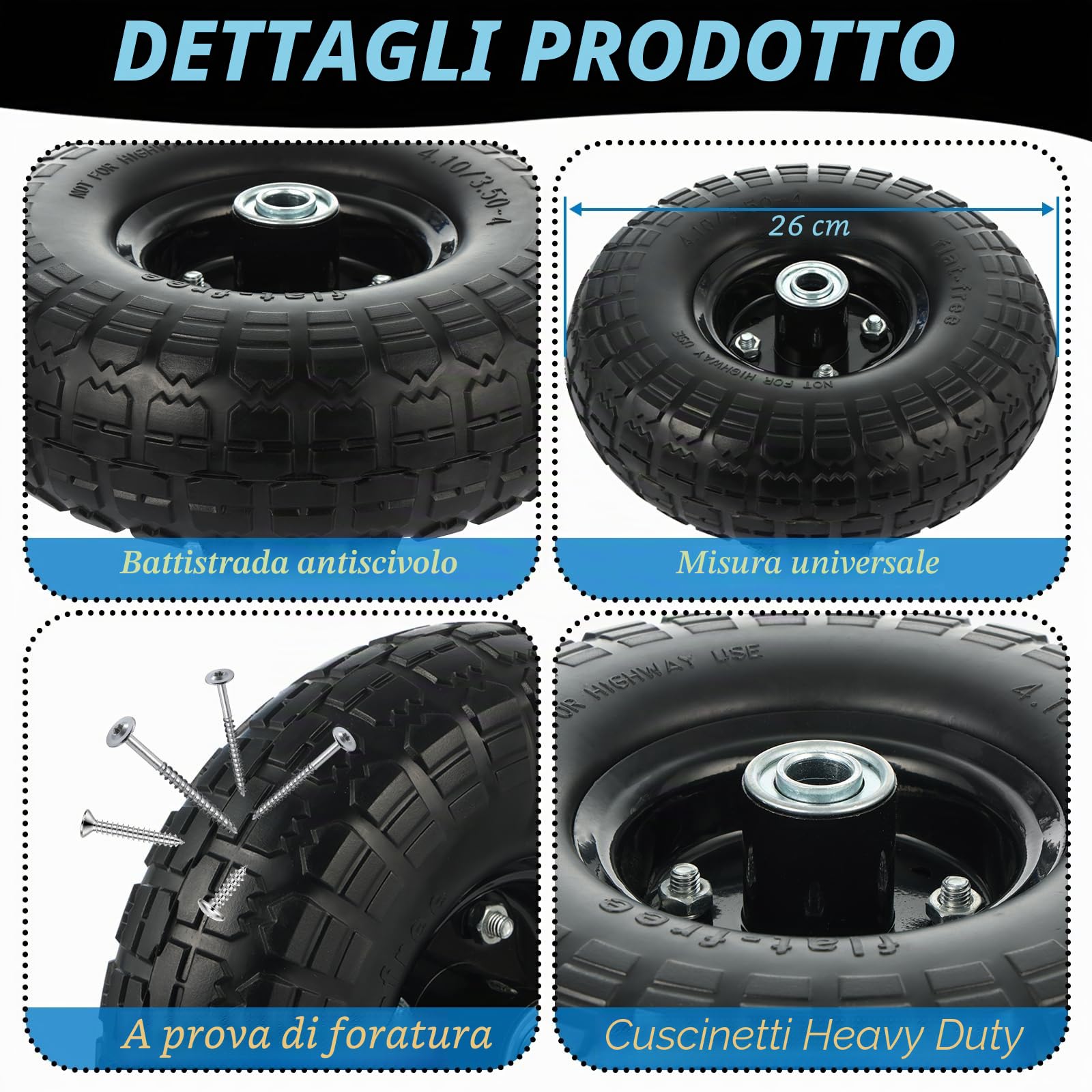 Rainmae 2 x ruote in poliuretano, 260 mm, 3.00-4, asse da 16 mm, ruota per carriola, in gomma piena, di ricambio, a prova di foratura, cerchione in acciaio
