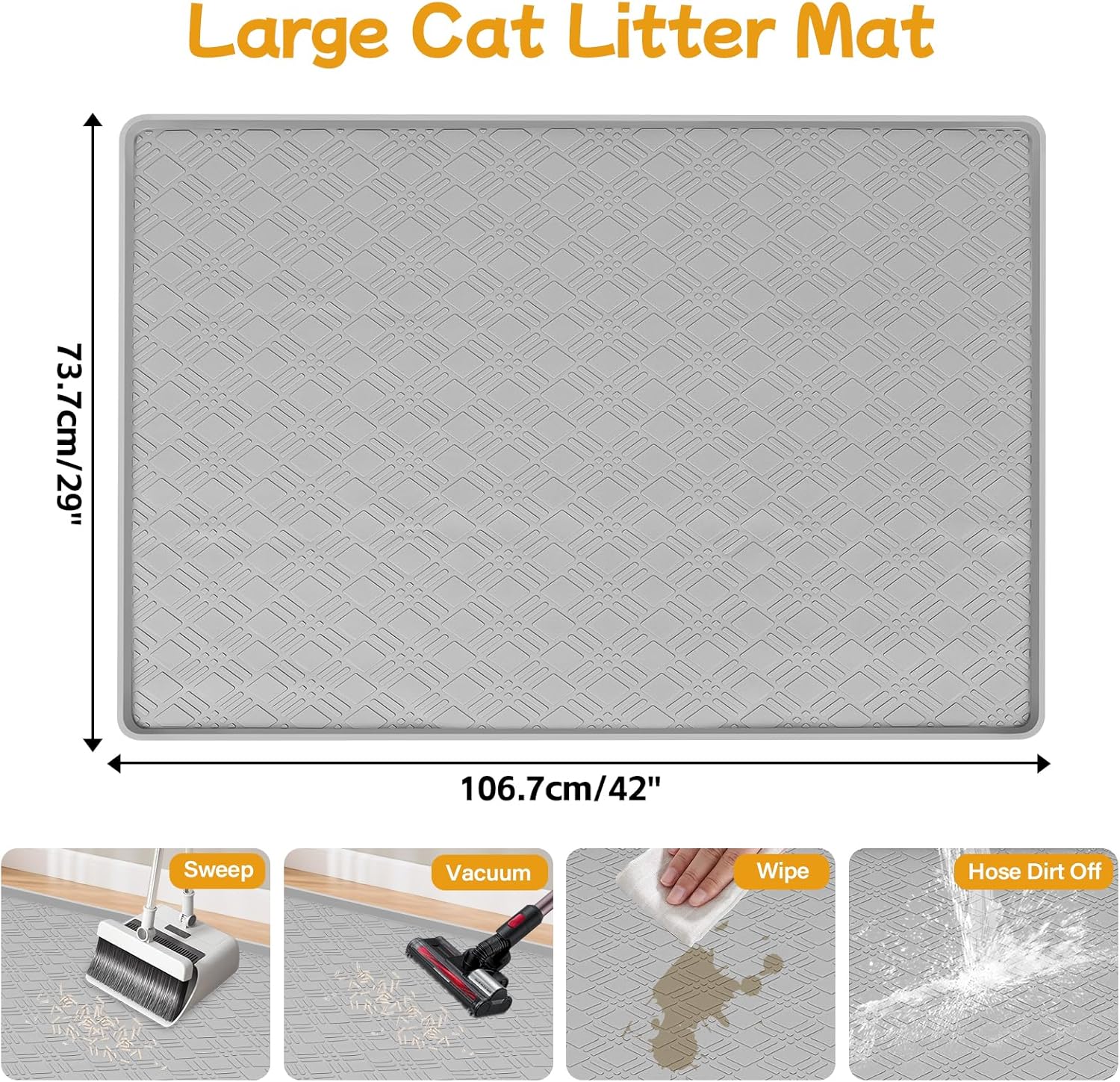 42" x29" Cat Litter Mat Lanstics Cat Mat for Litter Box Large Silicone Litter Box Mat for Kitty Scatter Control Floor Protect (Light Grey)