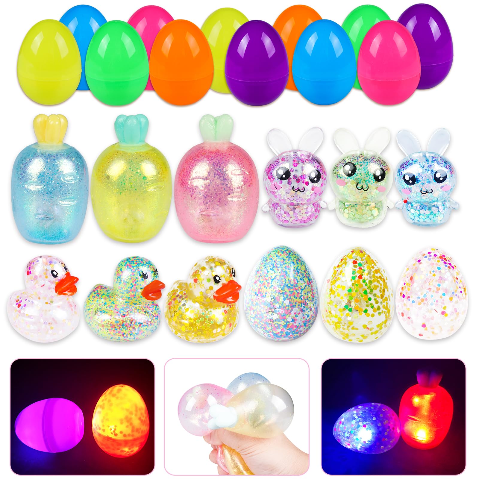 12 Packs Easter Eggs with Light Up Squishy Toys Inside,Easter Basket Stuffers for Kids Prefilled Easter Eggs Easter Gifts for Kids (For Easter)