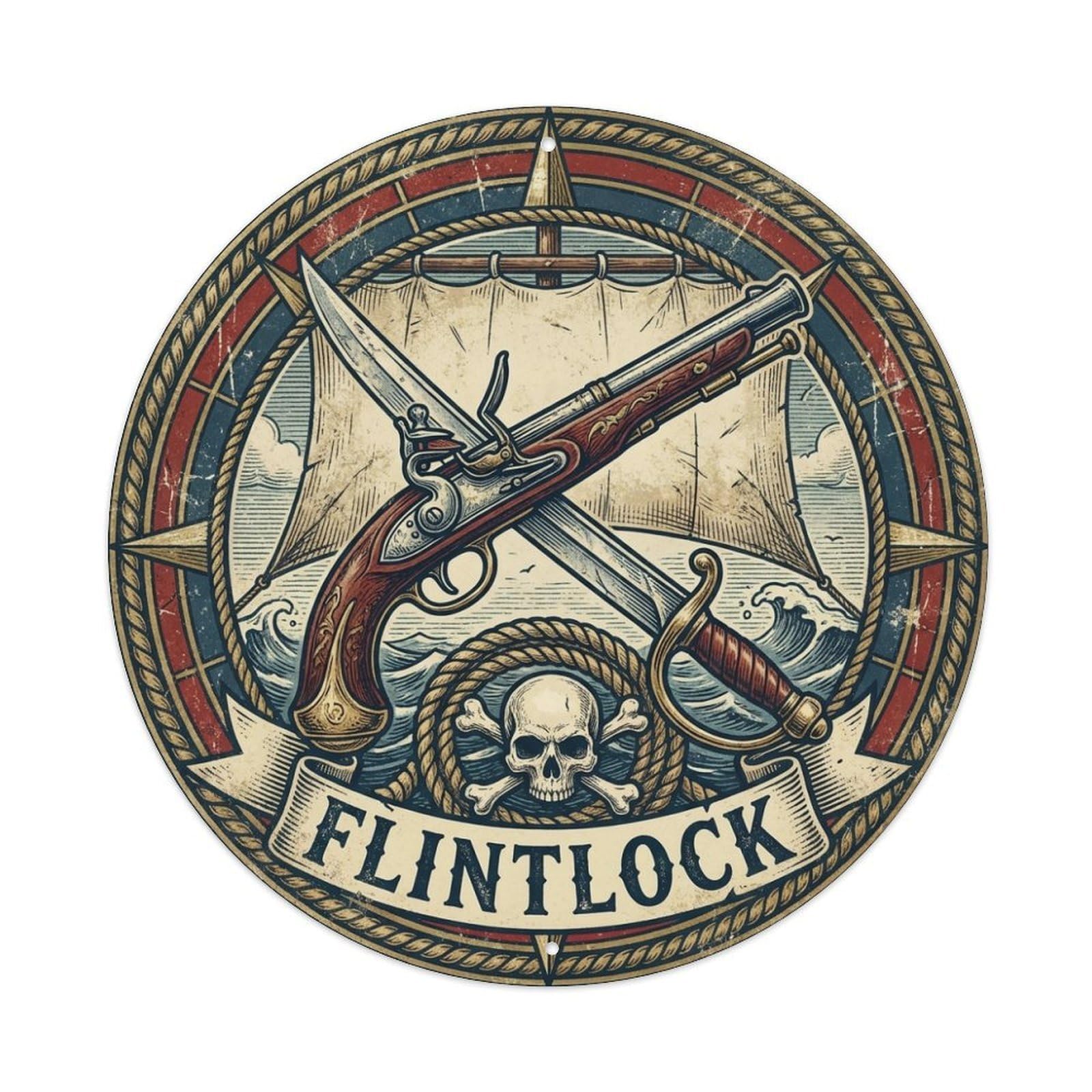 Flintlock Cutlass Rope Pirate Label Jolly Roger Metal Tin Sign