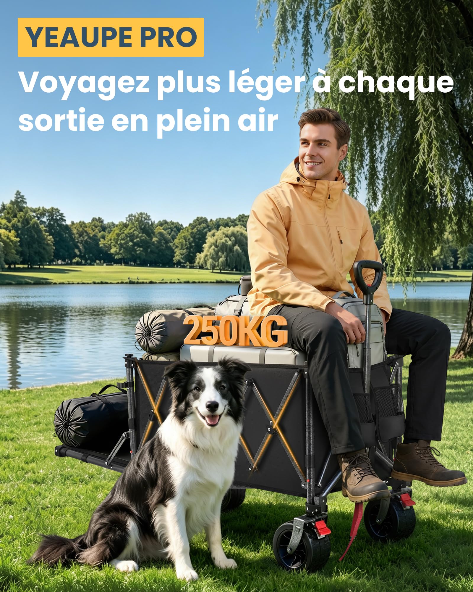 YEAUPE PRO Chariot Pliable 260L 250KG, Roues Larges Tout-Terrain 17cm, Noir | Porte Arrière Rabattable pour Objets Longs, Chariot de Plage Léger 13KG pour Jardin, Camping, Courses & Événements Sportifs
