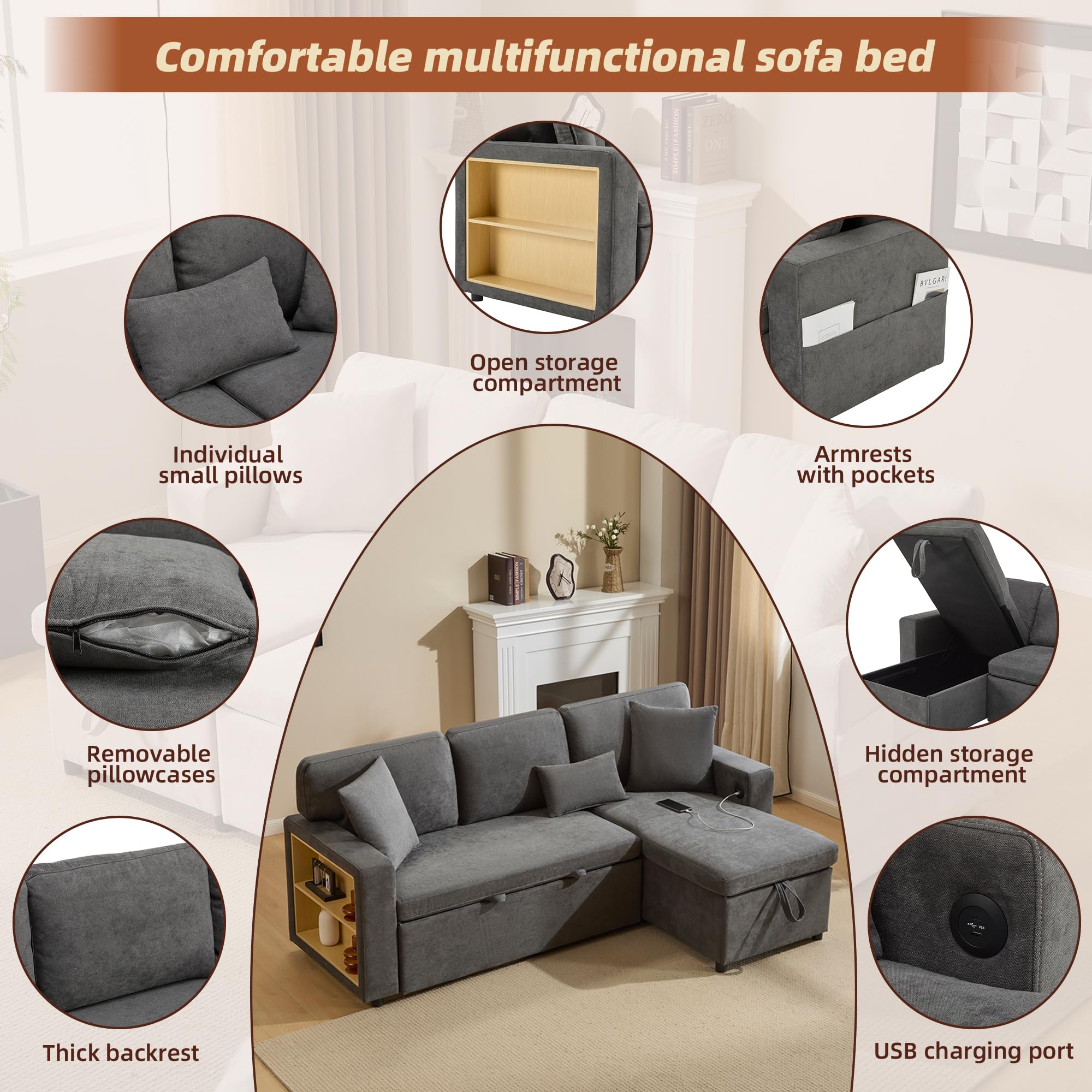 Canape Dangle Convertible, Canapé Modulable avec Rangement, Canapé Lit 3 Places Convertible – Canapé d'angle Convertible avec Canapé-Lit Gigogne, Port USB, Coussins,Gris