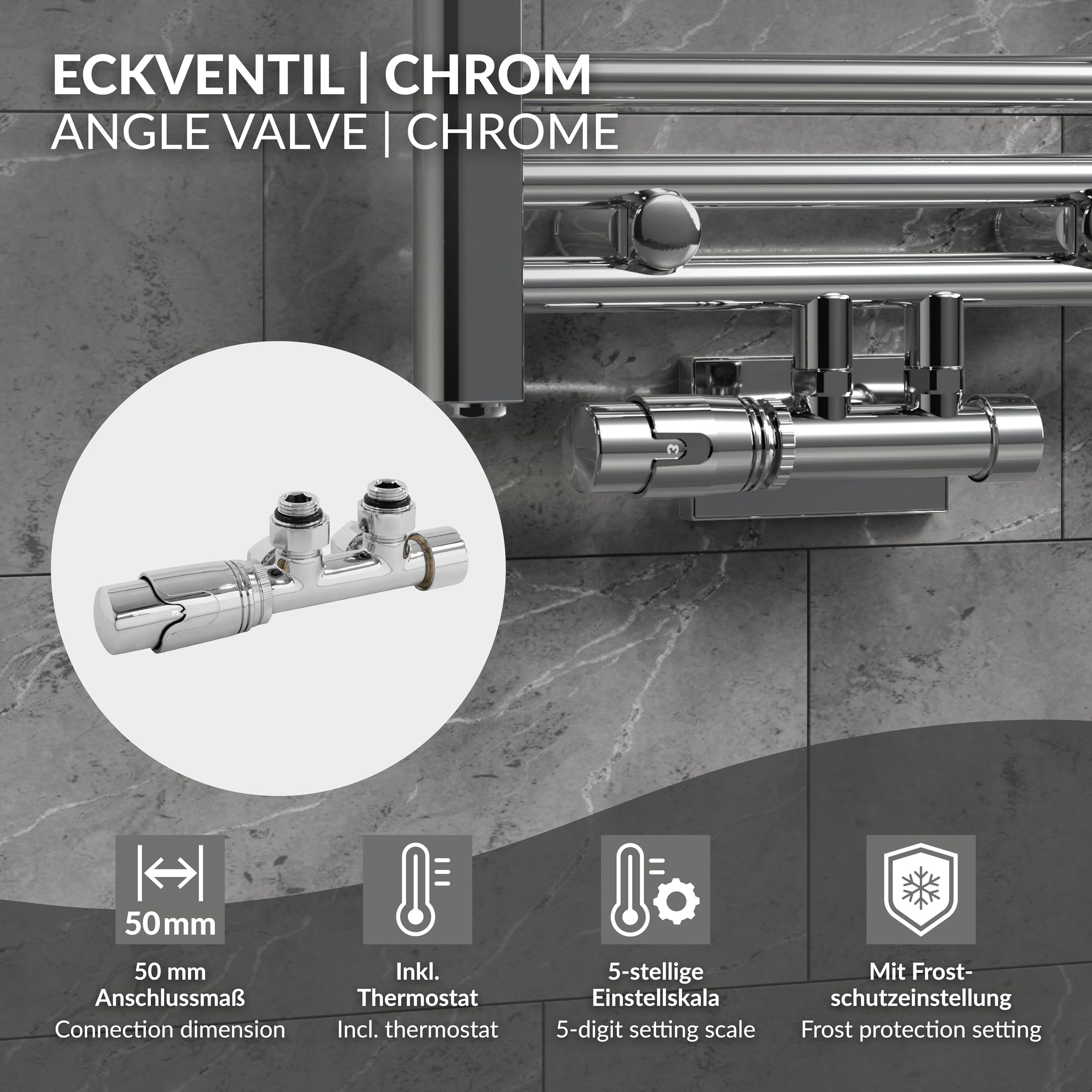 ECD Germany Kit de Conexión Central Termostato para Radiadores Color Cromo 50mm Juego de Conexión para Espaciado de Tubería Múltibloque de Dos Tuberías Utilizable Esquina y Tubos de Pared